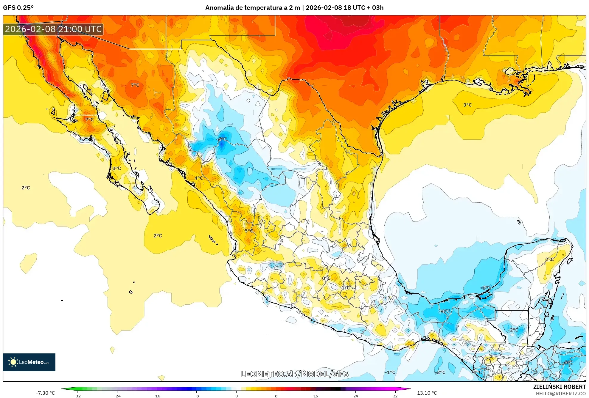 GFS model - México, Anomalía de temperatura a 2 m