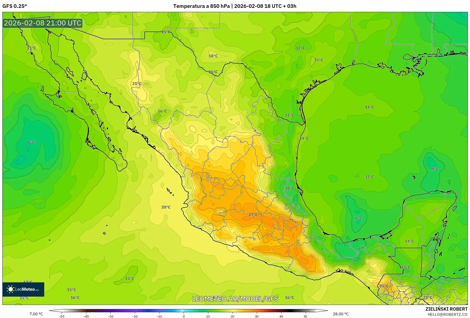 GFS model - México, Temperatura a 850 hPa