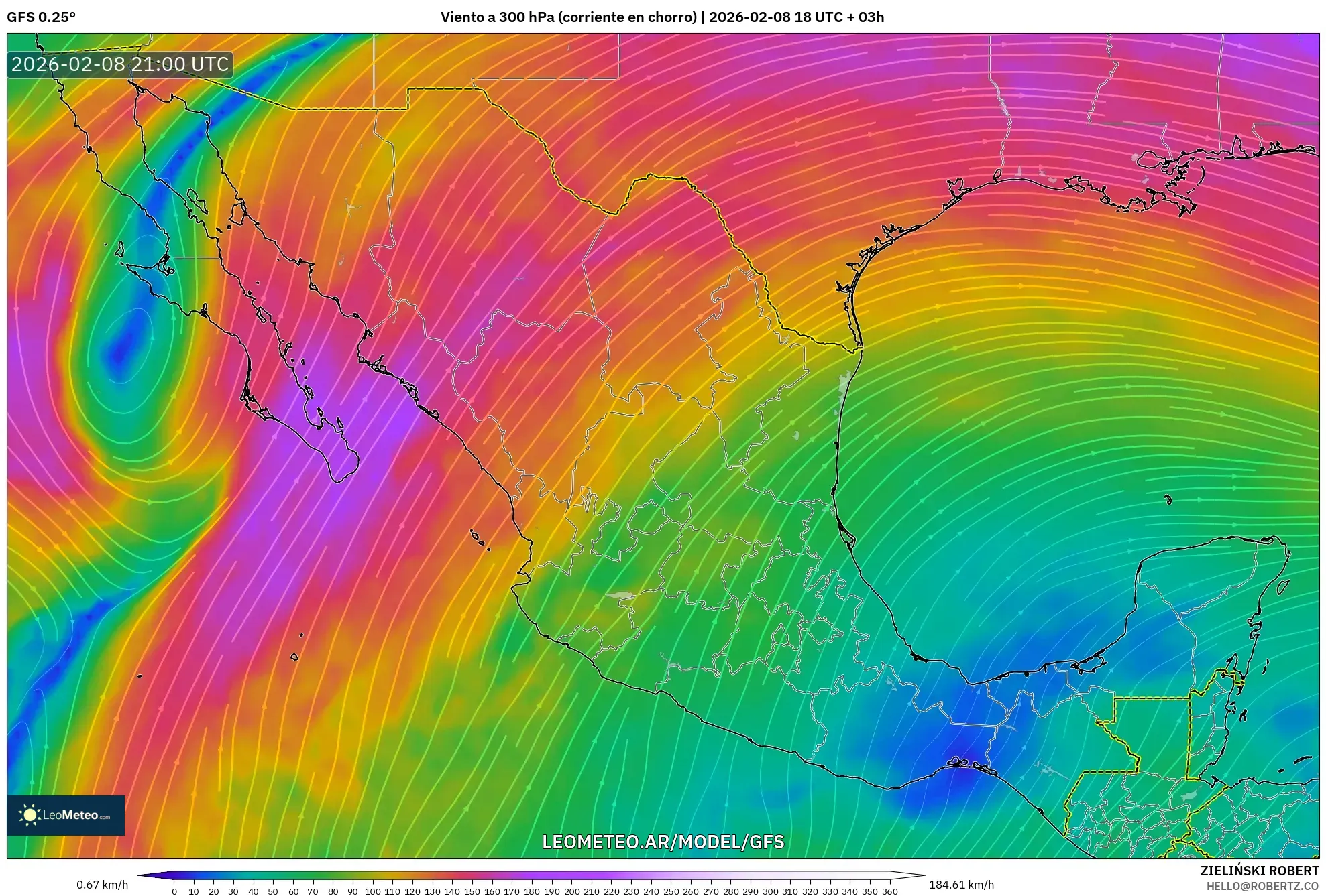 GFS model - México, Viento a 300 hPa (corriente en chorro)