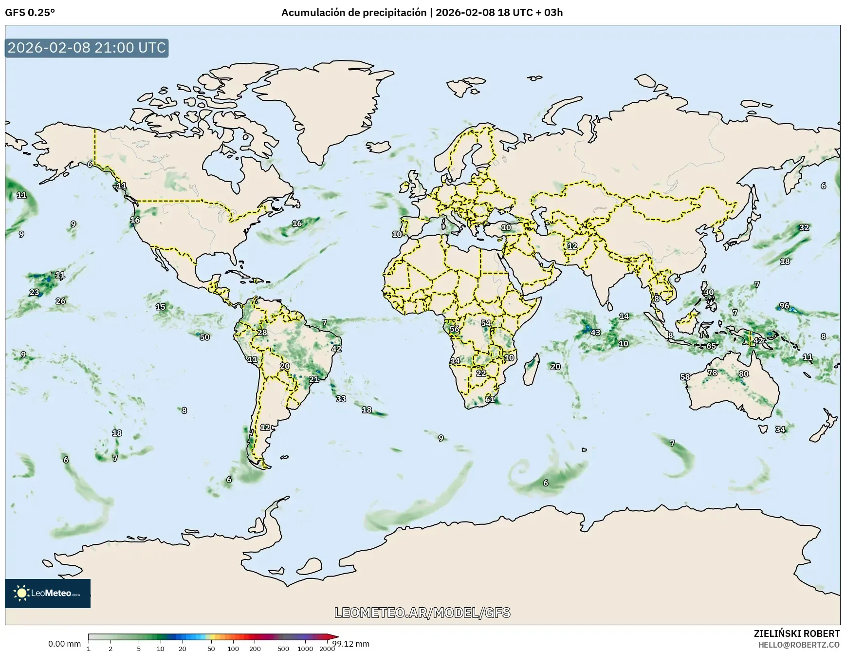 GFS model - Mundo, Acumulación de precipitación