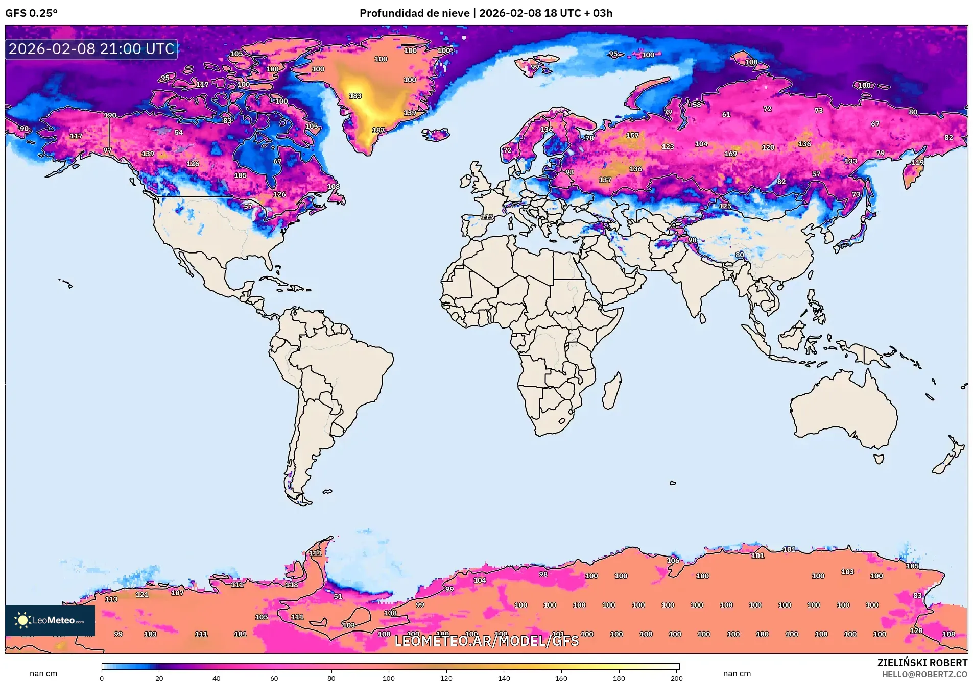 GFS model - Mundo, Profundidad de nieve