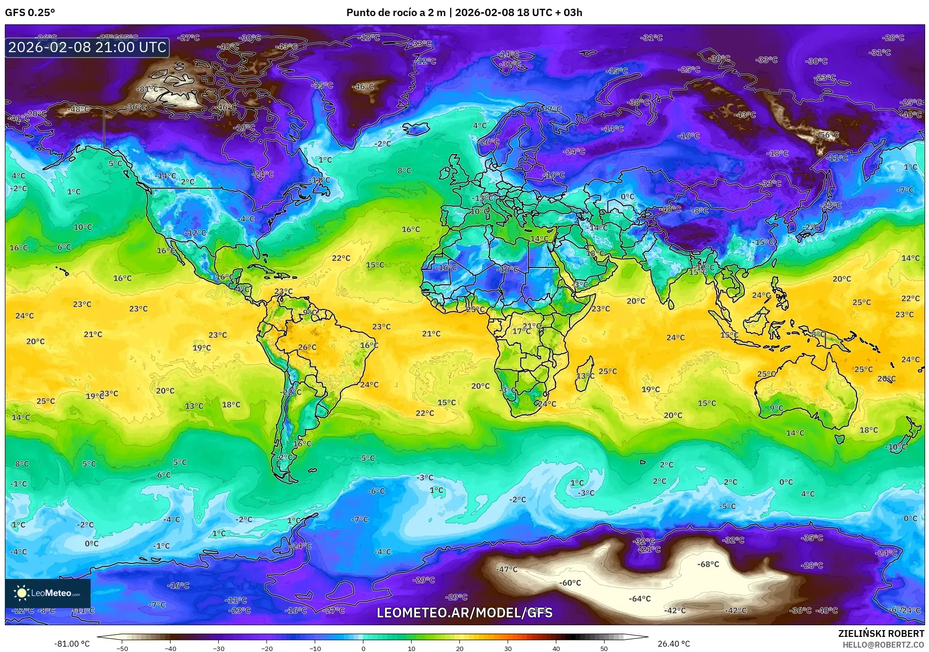 GFS model - Mundo, Punto de rocío a 2 m