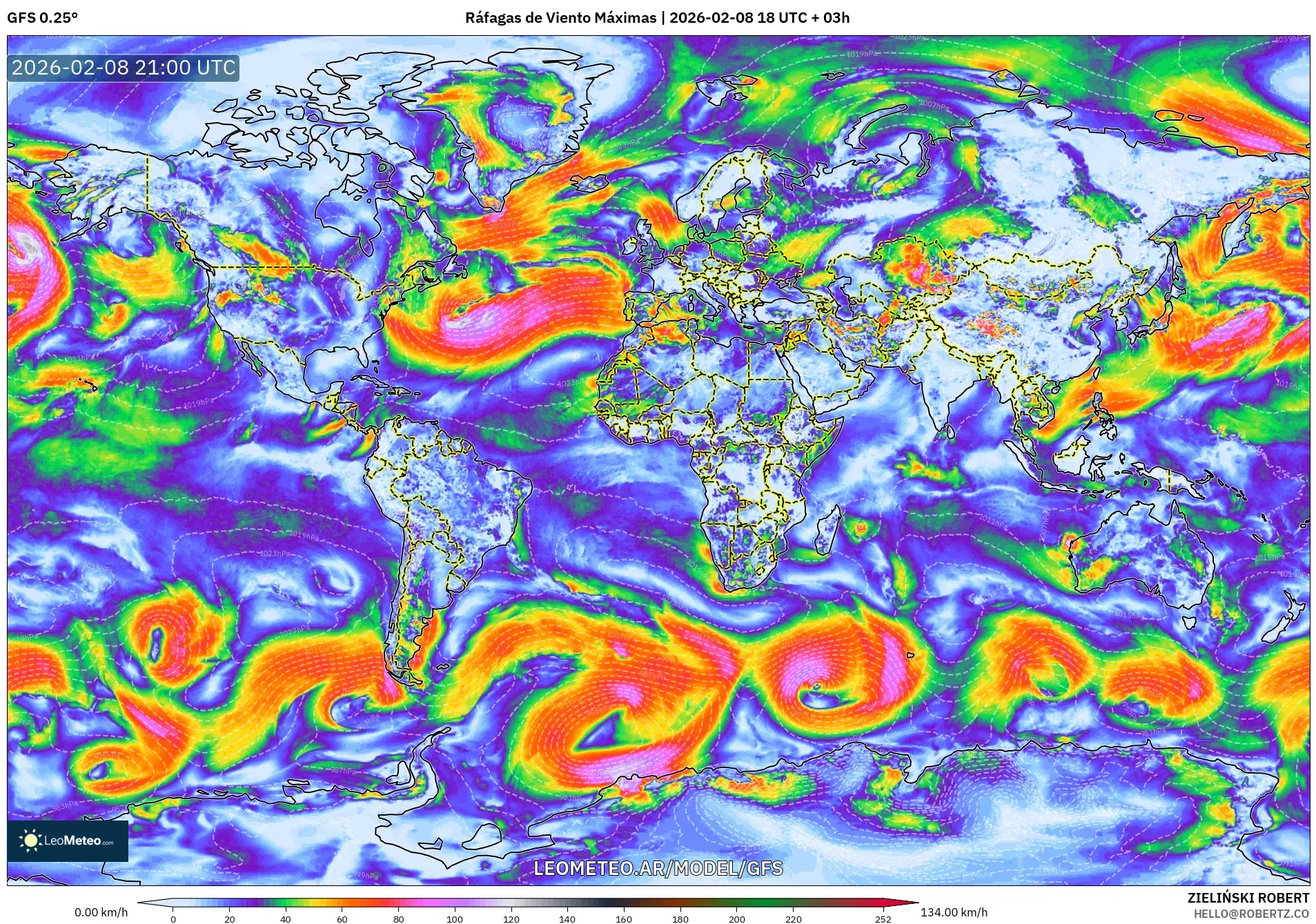 GFS model - Mundo, Ráfagas de Viento Máximas