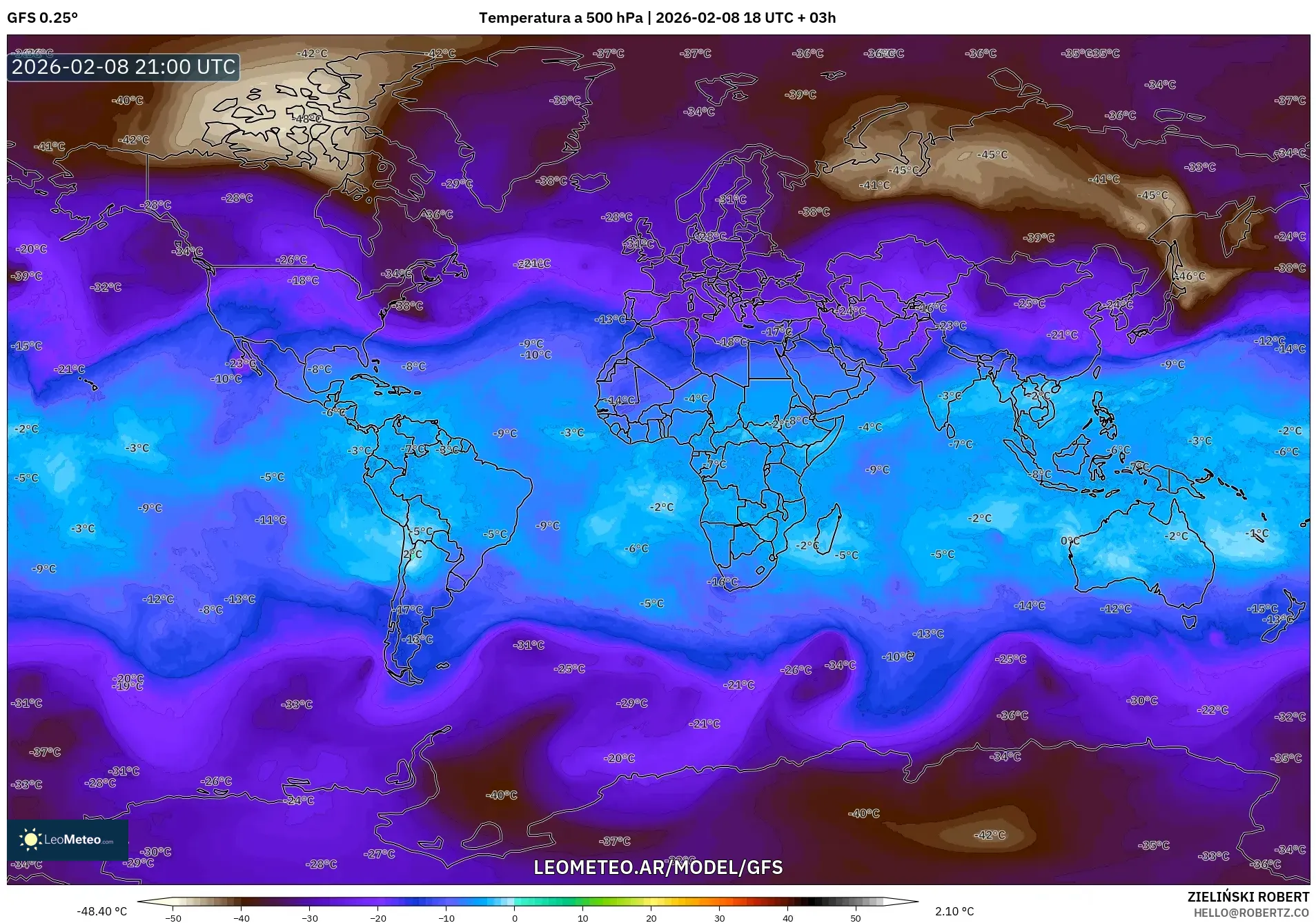 GFS model - Mundo, Temperatura a 500 hPa