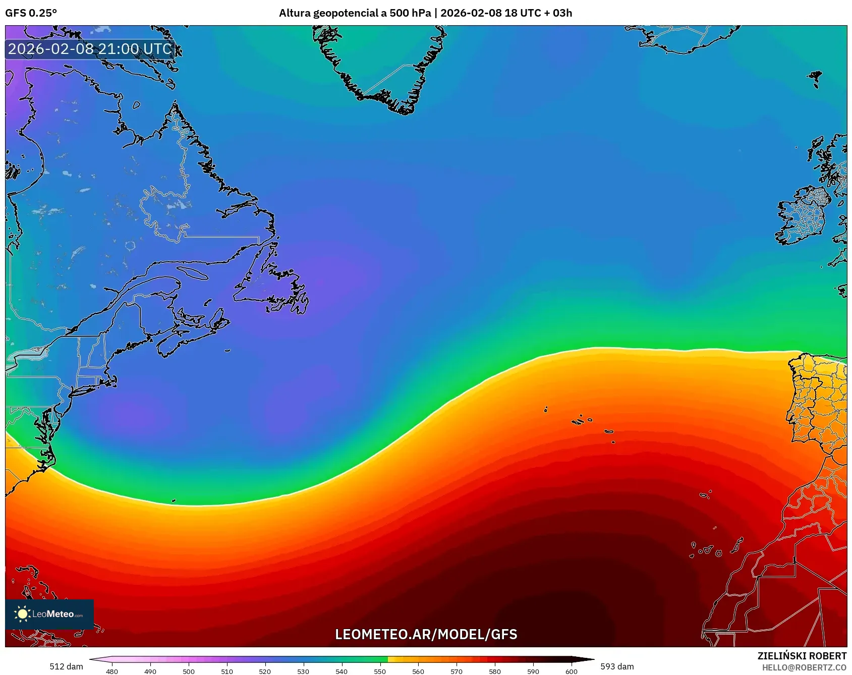 GFS model - Norte Atlántico, Altura geopotencial a 500 hPa