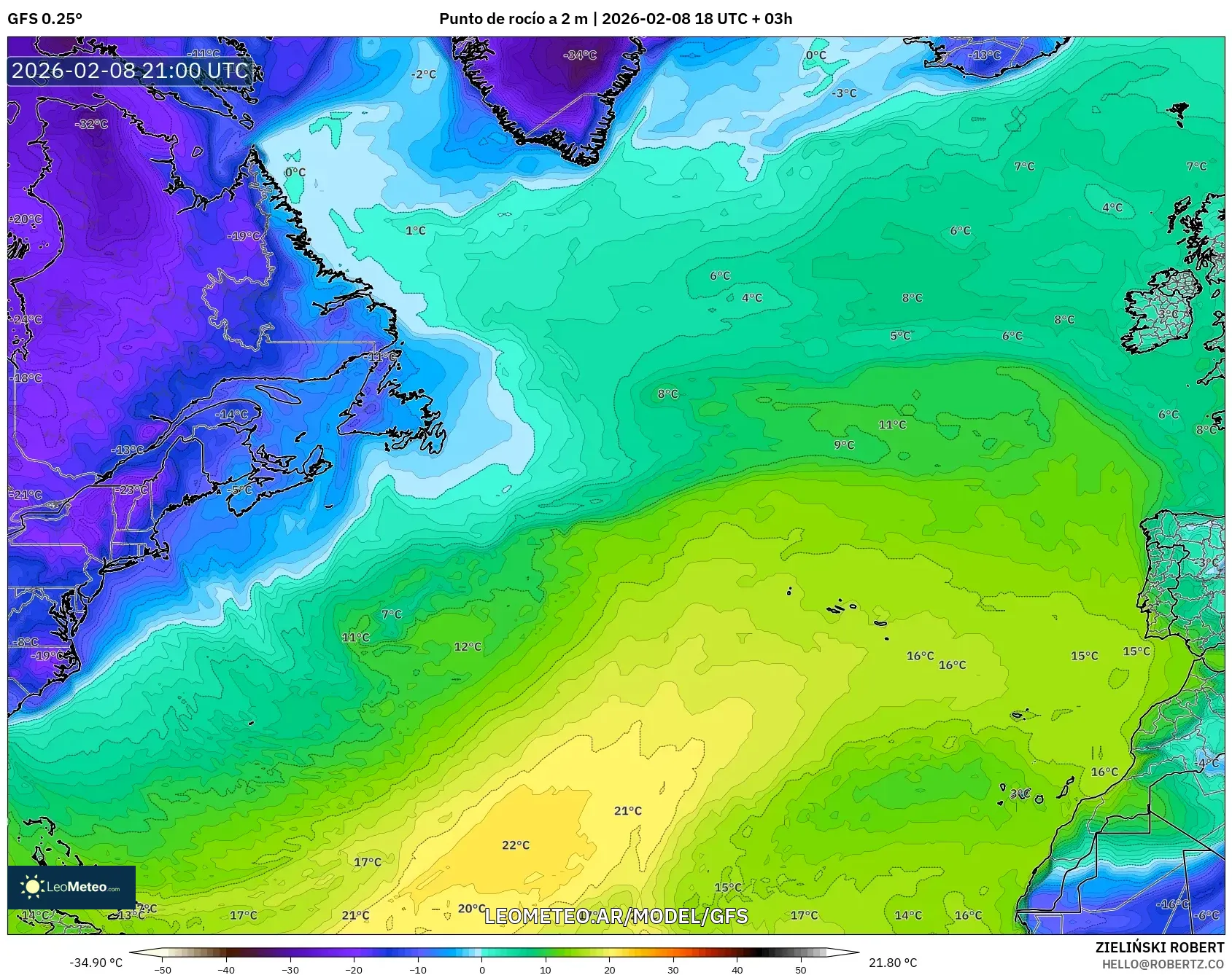 GFS model - Norte Atlántico, Punto de rocío a 2 m