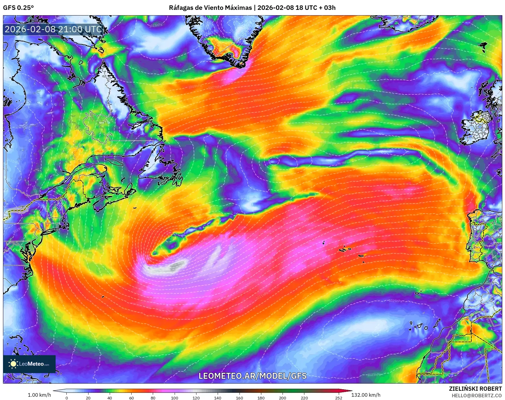 GFS model - Norte Atlántico, Ráfagas de Viento Máximas