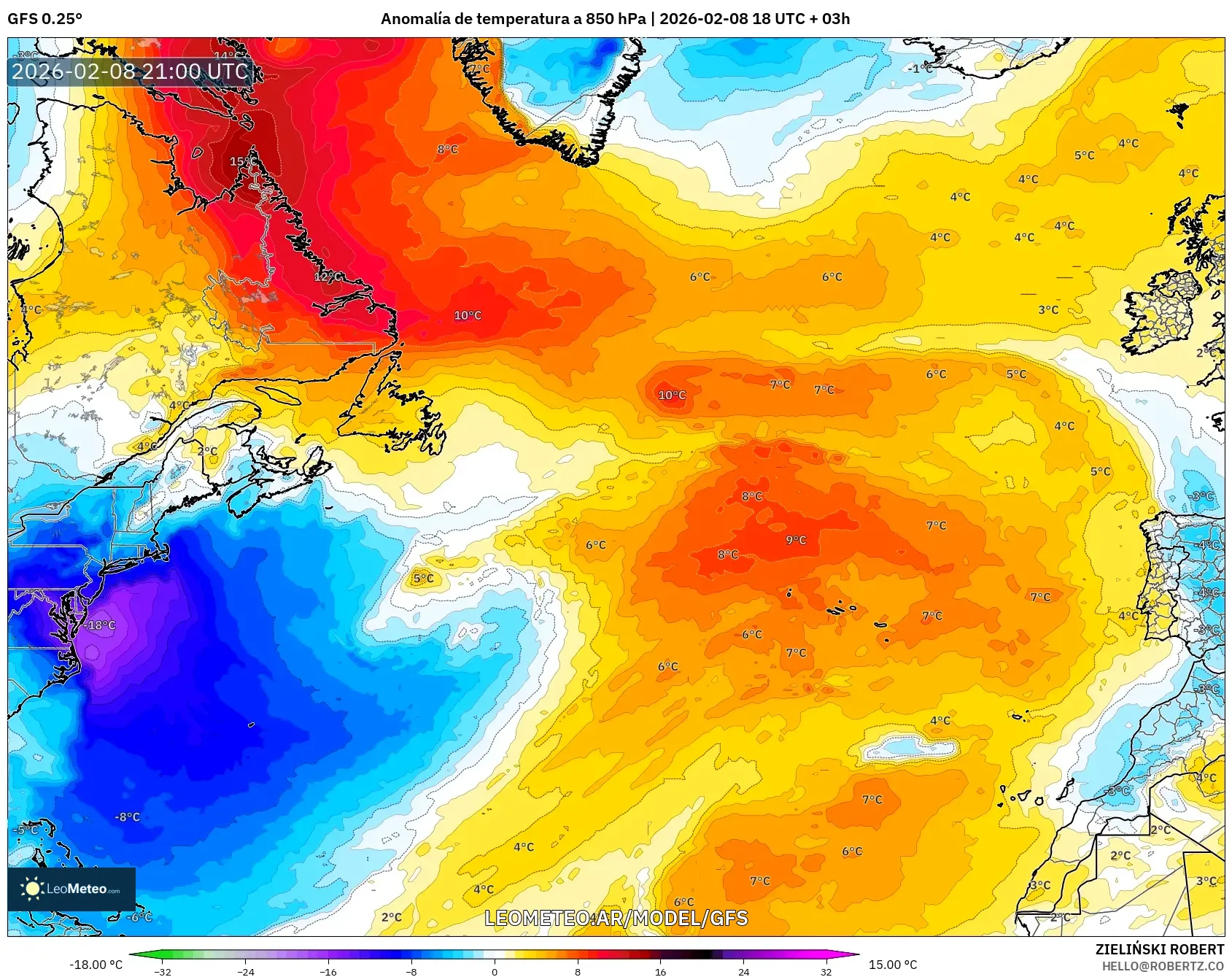 GFS model - Norte Atlántico, Anomalía de temperatura a 850 hPa