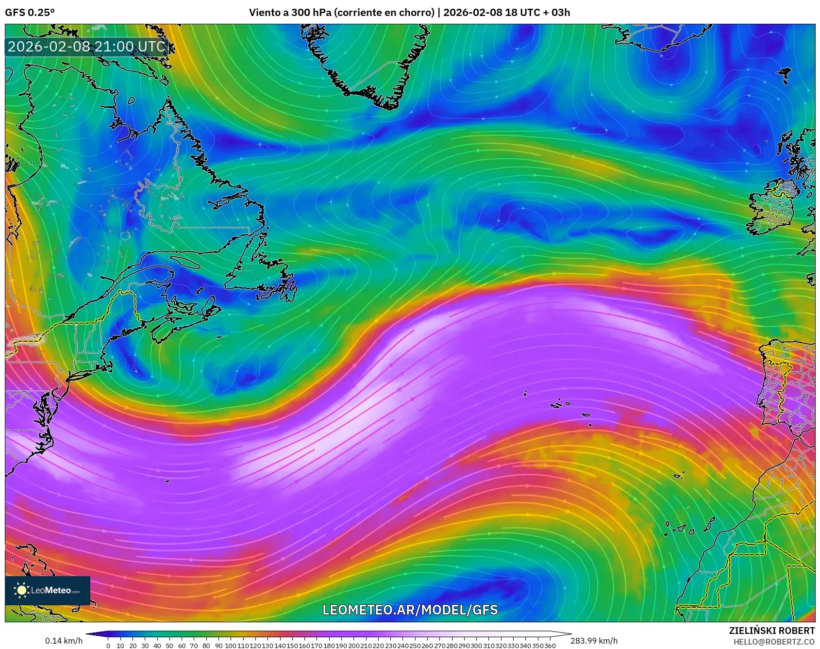 GFS model - Norte Atlántico, Viento a 300 hPa (corriente en chorro)