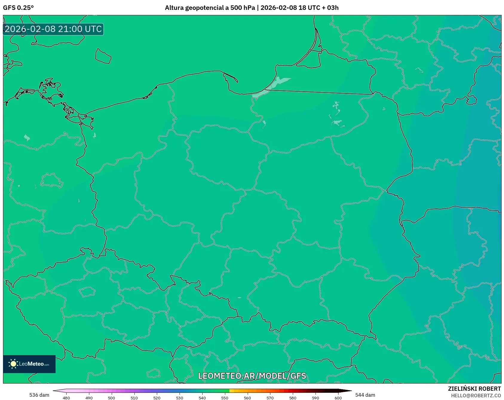 GFS model - Polonia, Altura geopotencial a 500 hPa