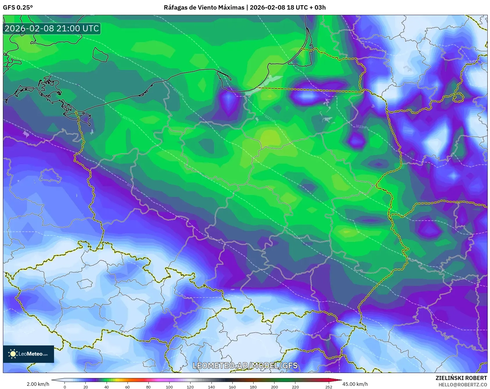 GFS model - Polonia, Ráfagas de Viento Máximas