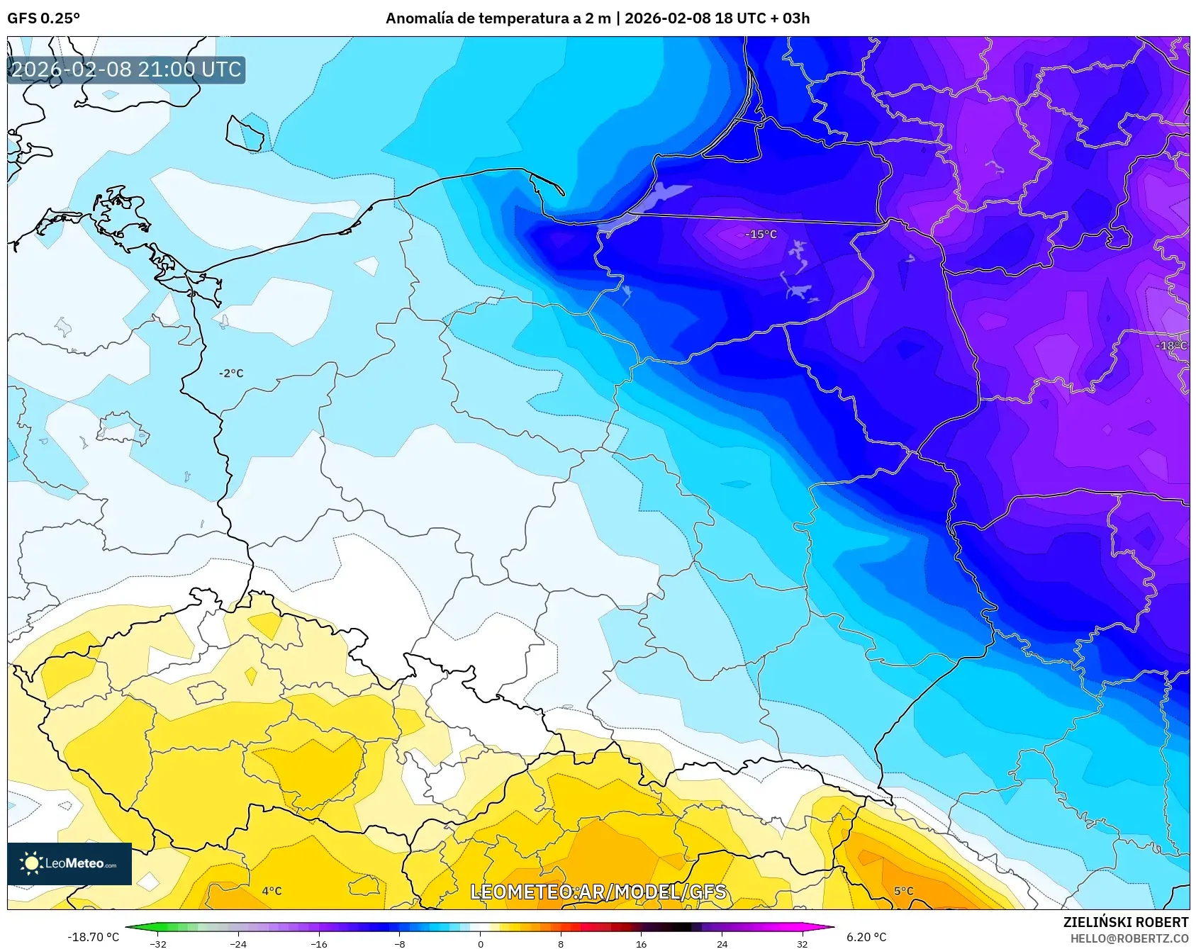 GFS model - Polonia, Anomalía de temperatura a 2 m