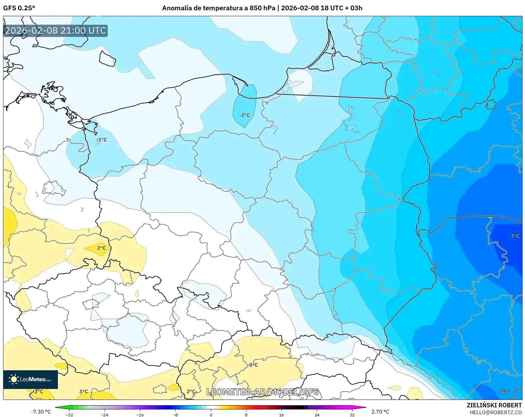GFS model - Polonia, Anomalía de temperatura a 850 hPa