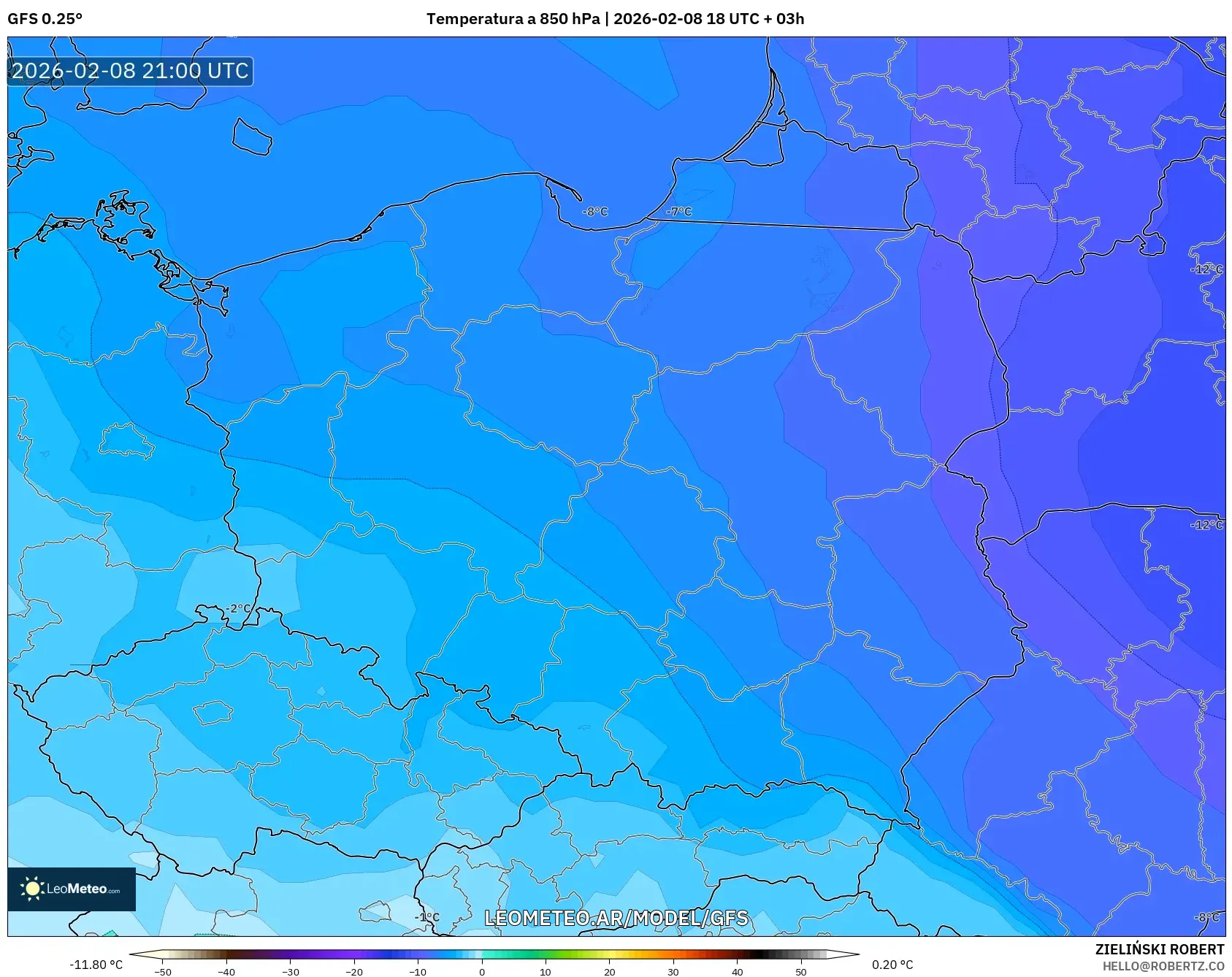 GFS model - Polonia, Temperatura a 850 hPa