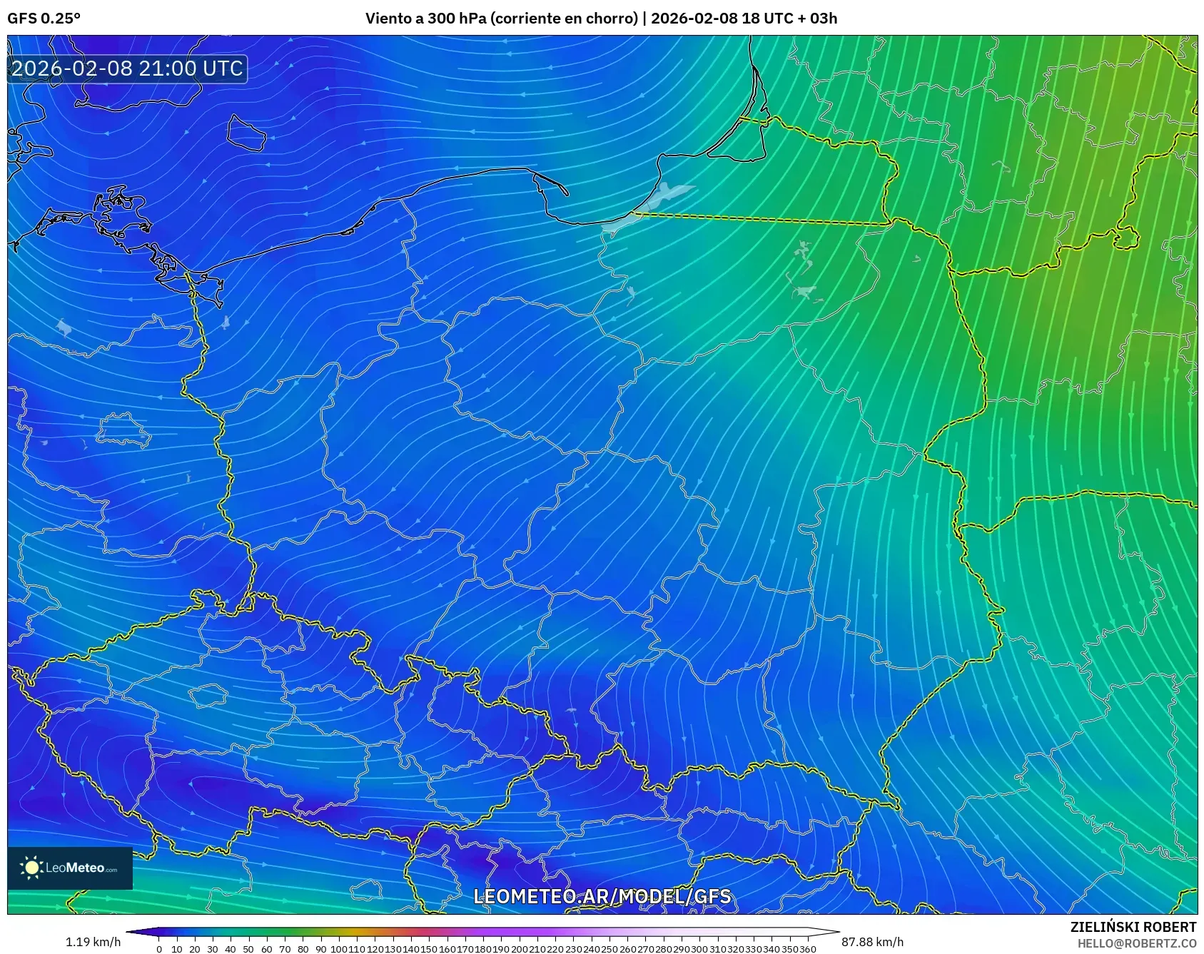 GFS model - Polonia, Viento a 300 hPa (corriente en chorro)