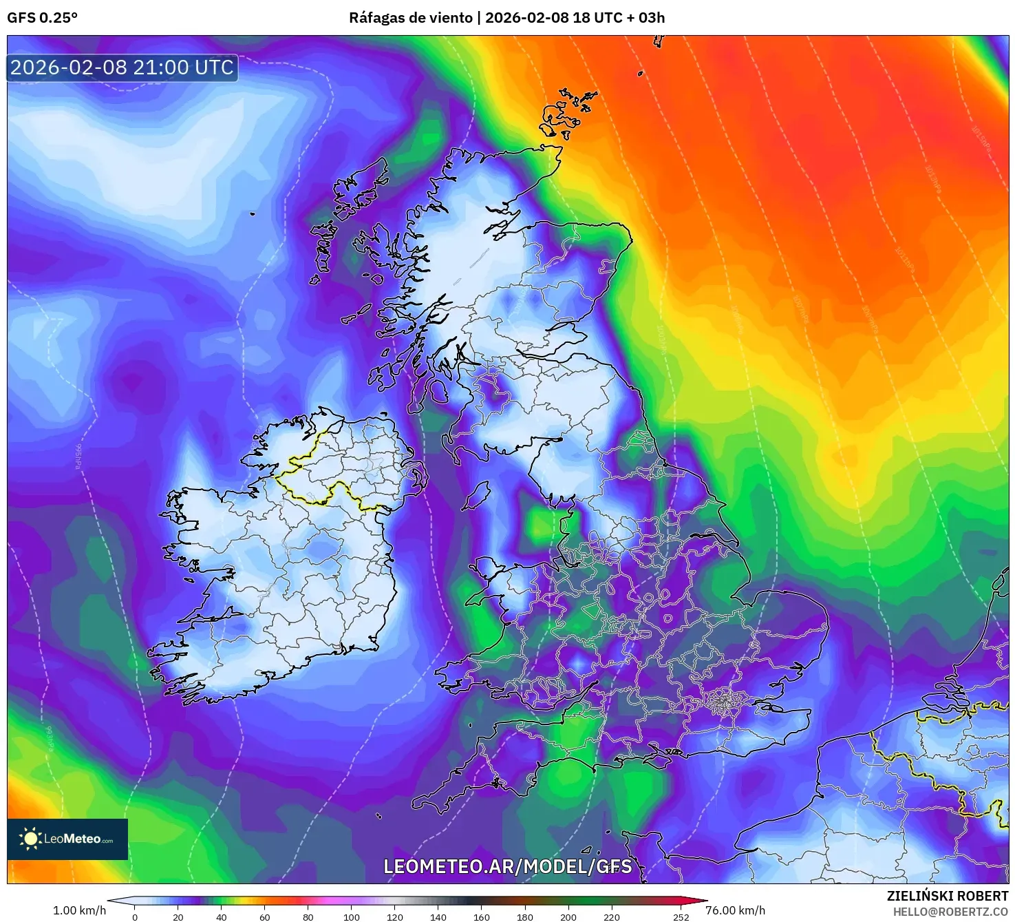 GFS model - Reino Unido, Ráfagas de viento