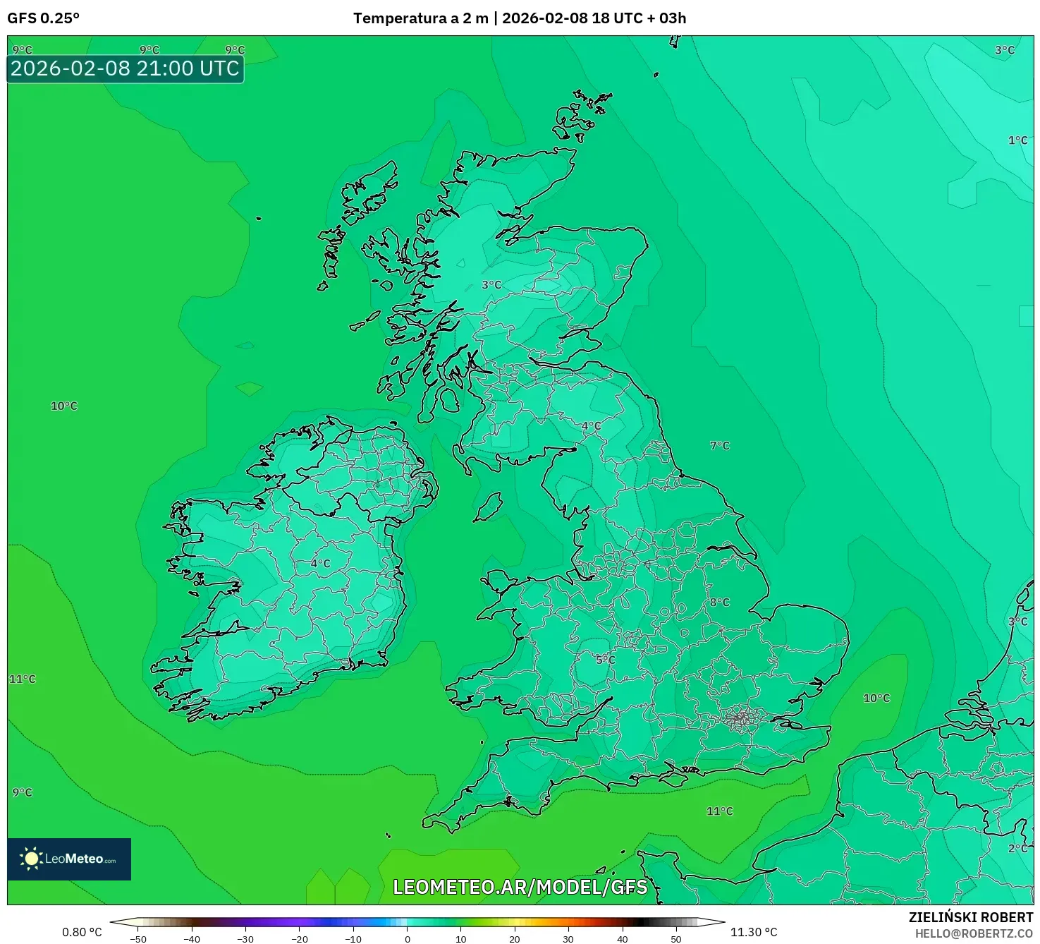 GFS model - Reino Unido, Temperatura a 2 m