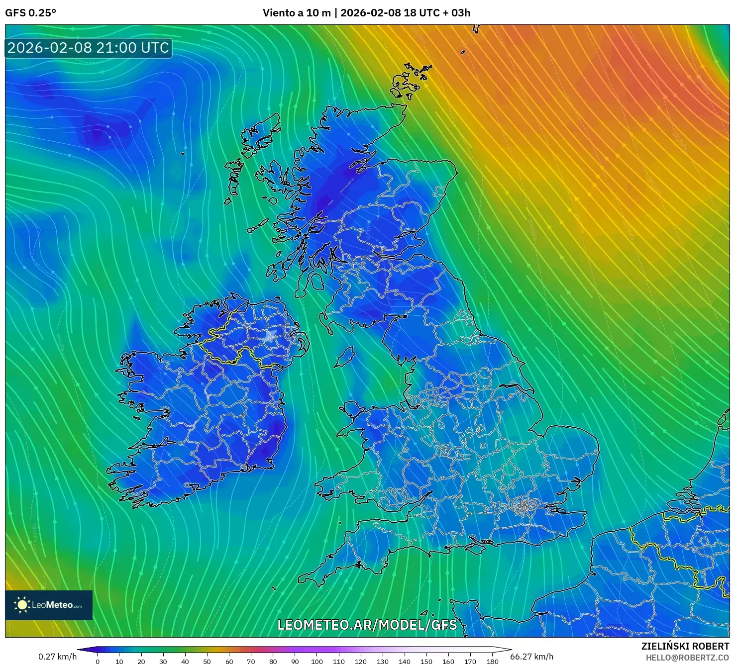 GFS model - Reino Unido, Viento a 10 m
