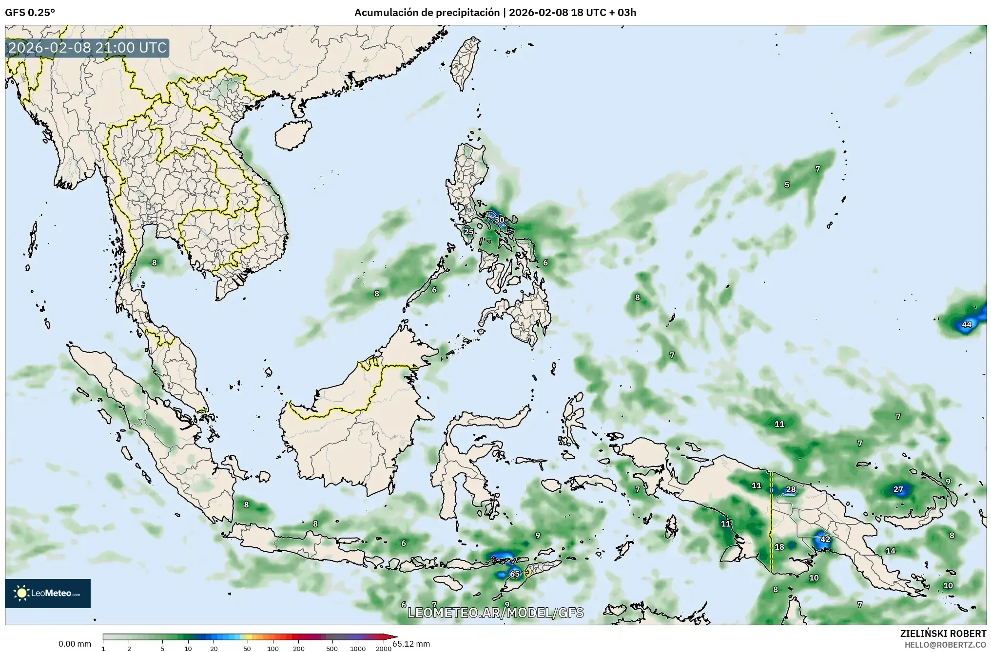 GFS model - Sudeste Asiático, Acumulación de precipitación