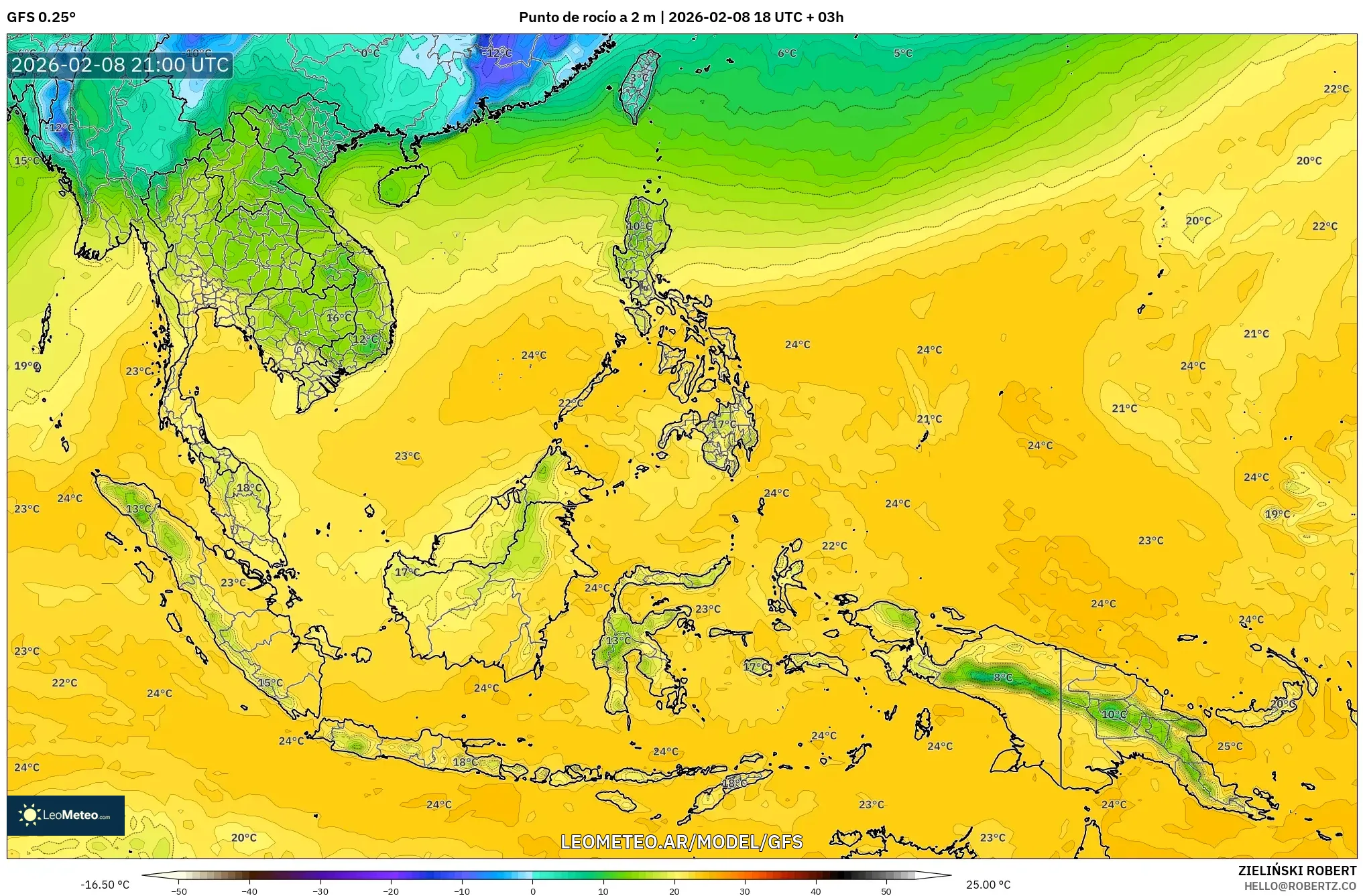GFS model - Sudeste Asiático, Punto de rocío a 2 m