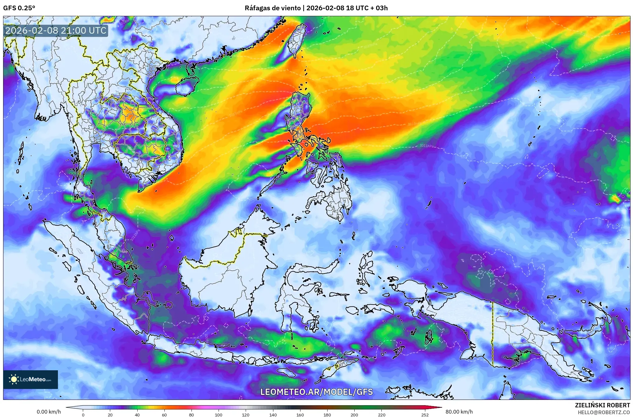 GFS model - Sudeste Asiático, Ráfagas de viento