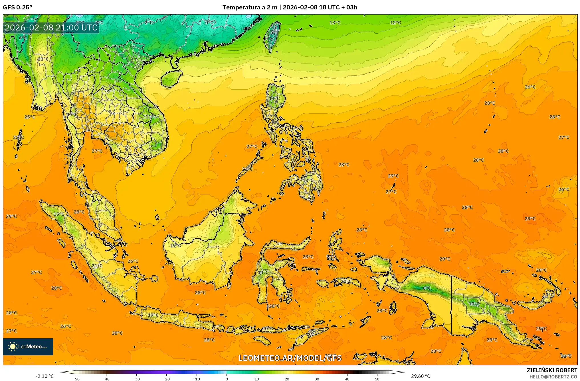 GFS model - Sudeste Asiático, Temperatura a 2 m