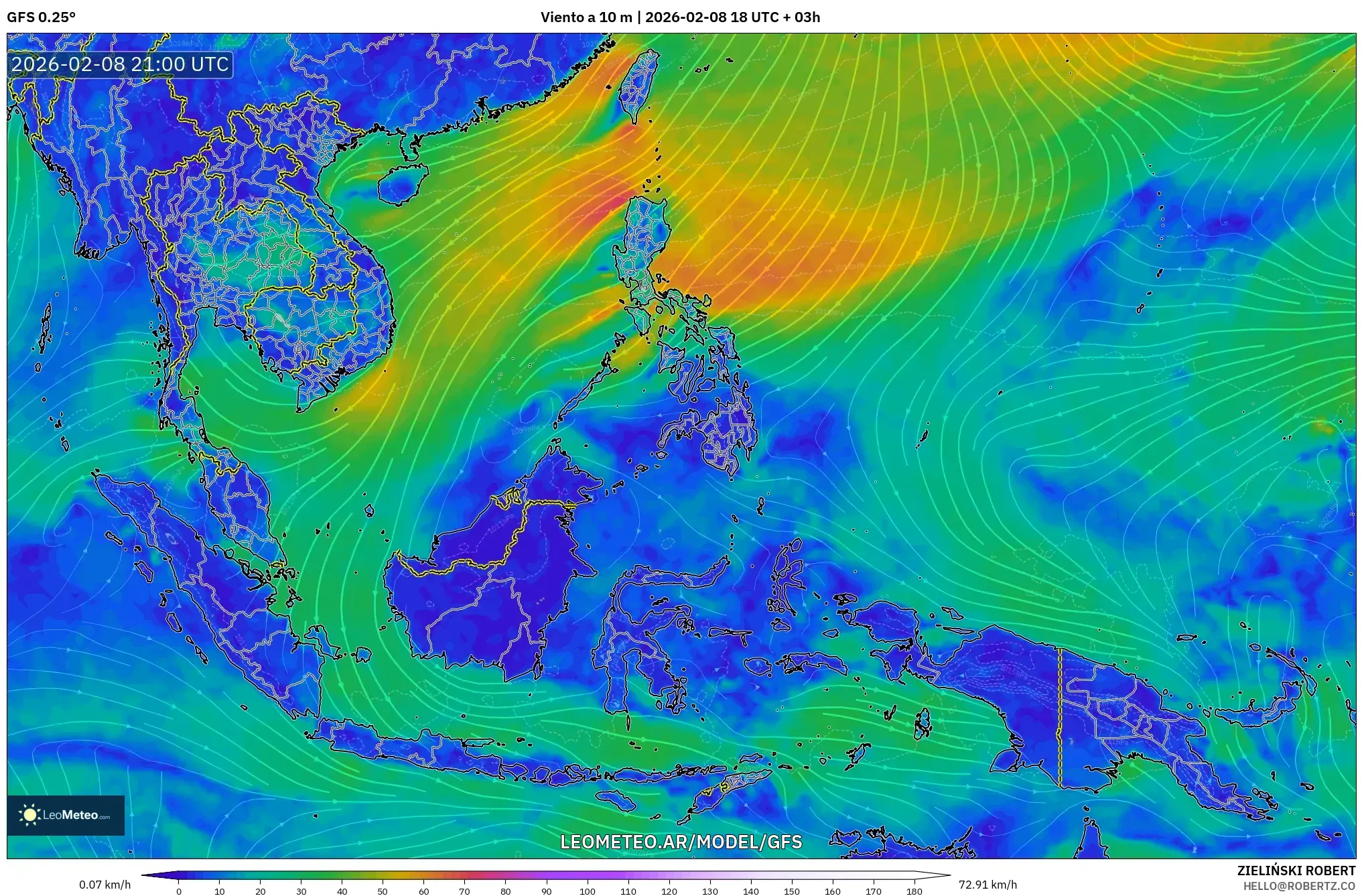 GFS model - Sudeste Asiático, Viento a 10 m