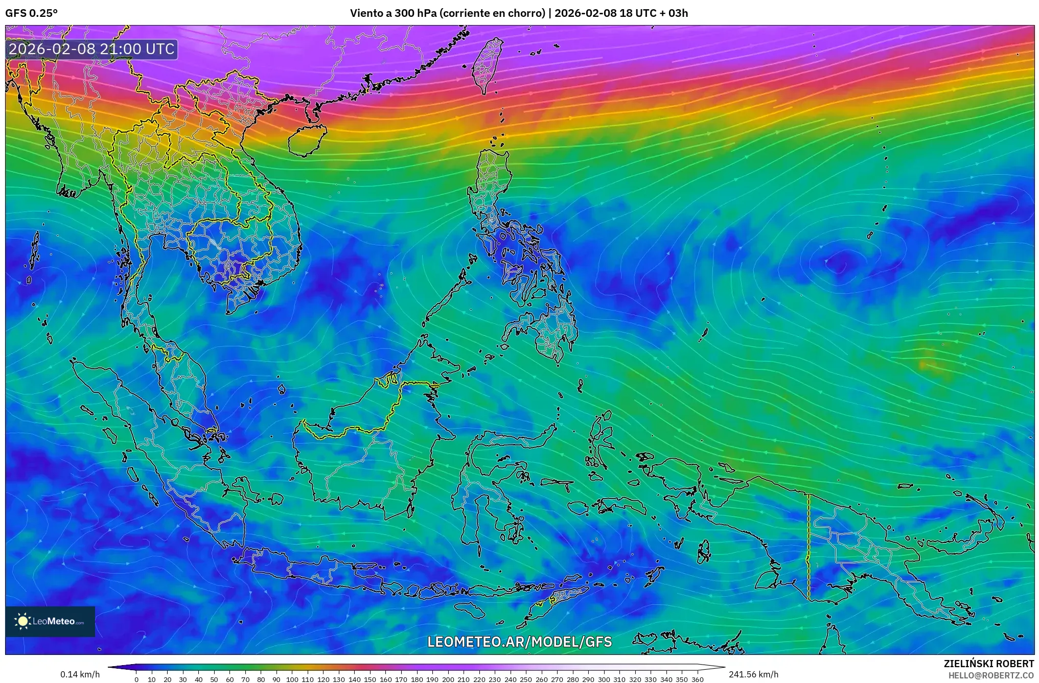 GFS model - Sudeste Asiático, Viento a 300 hPa (corriente en chorro)