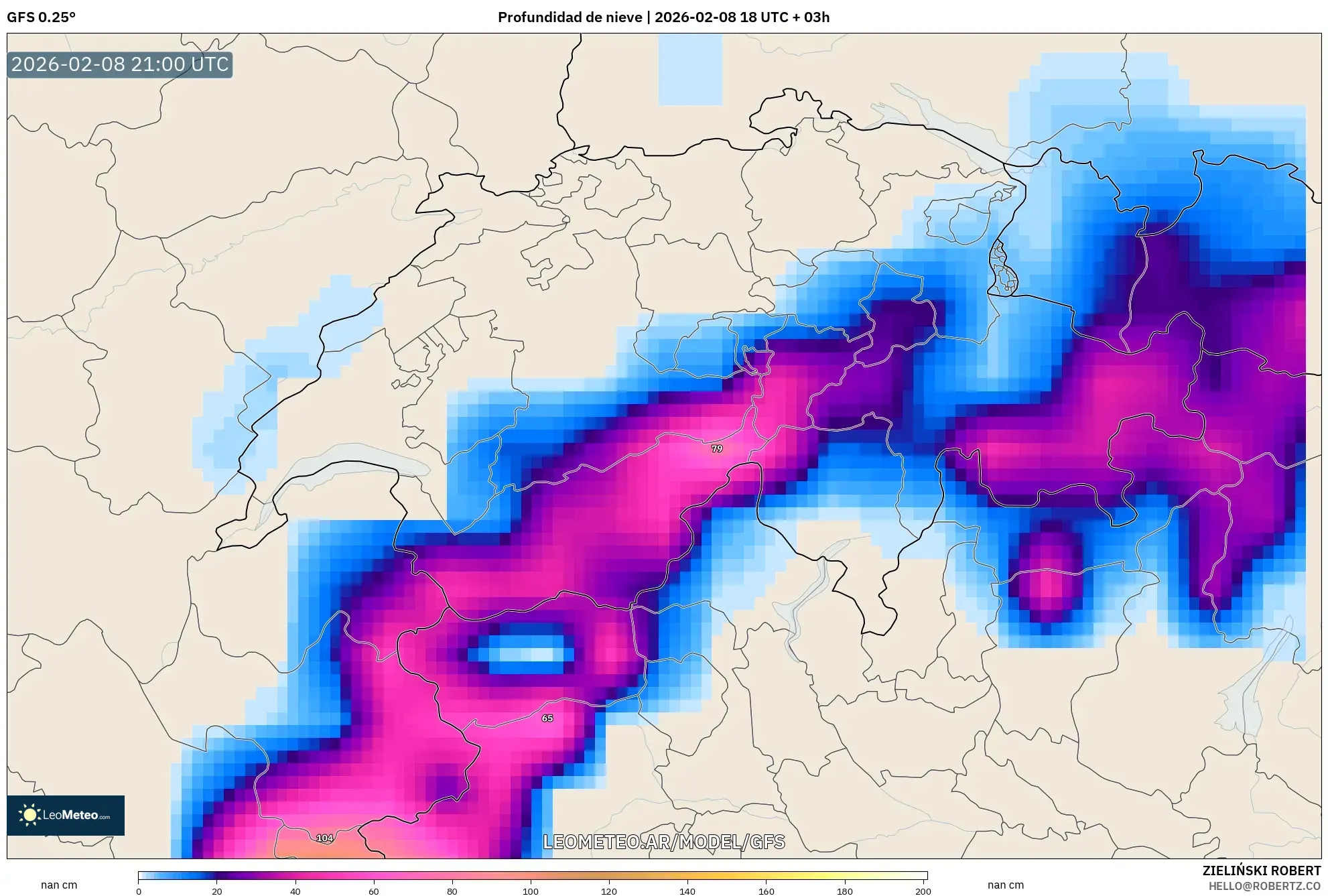 GFS model - Suiza, Profundidad de nieve