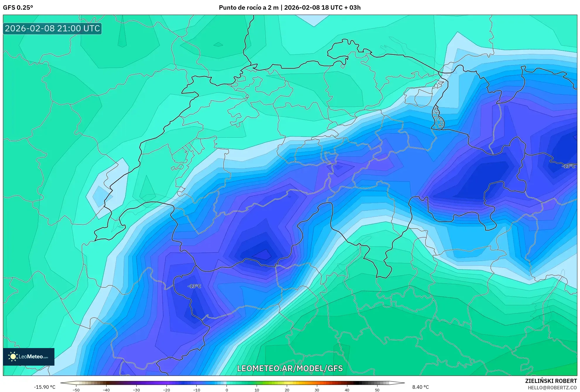 GFS model - Suiza, Punto de rocío a 2 m