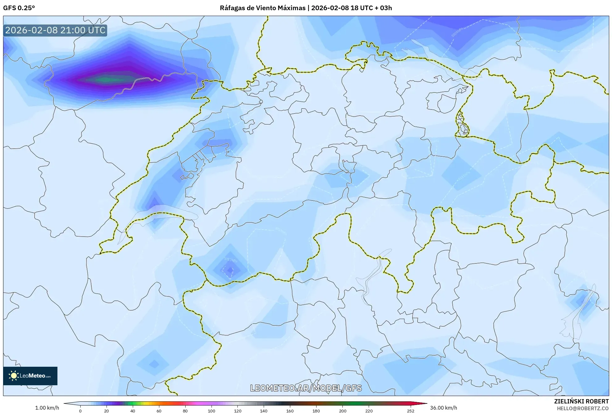 GFS model - Suiza, Ráfagas de Viento Máximas