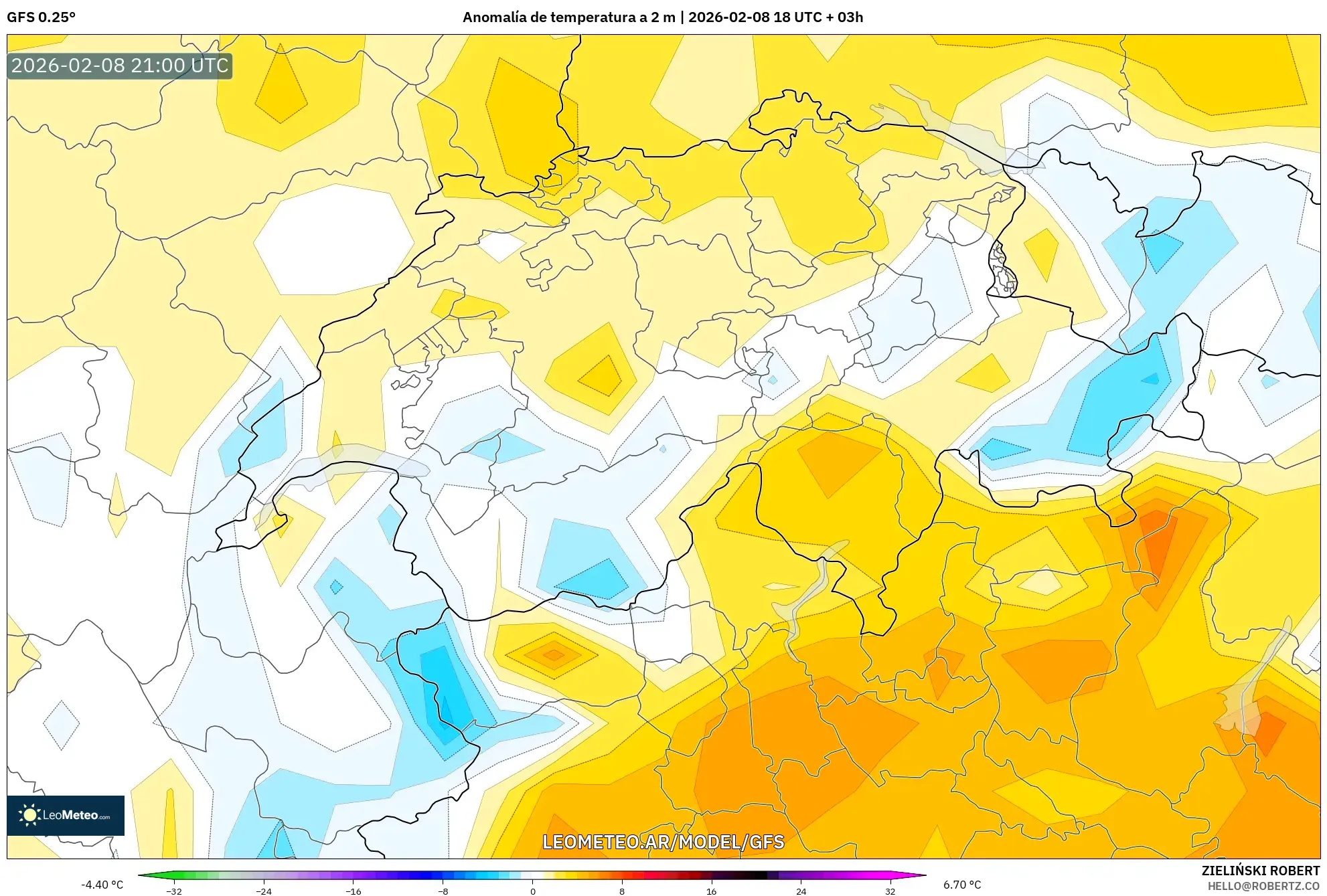 GFS model - Suiza, Anomalía de temperatura a 2 m