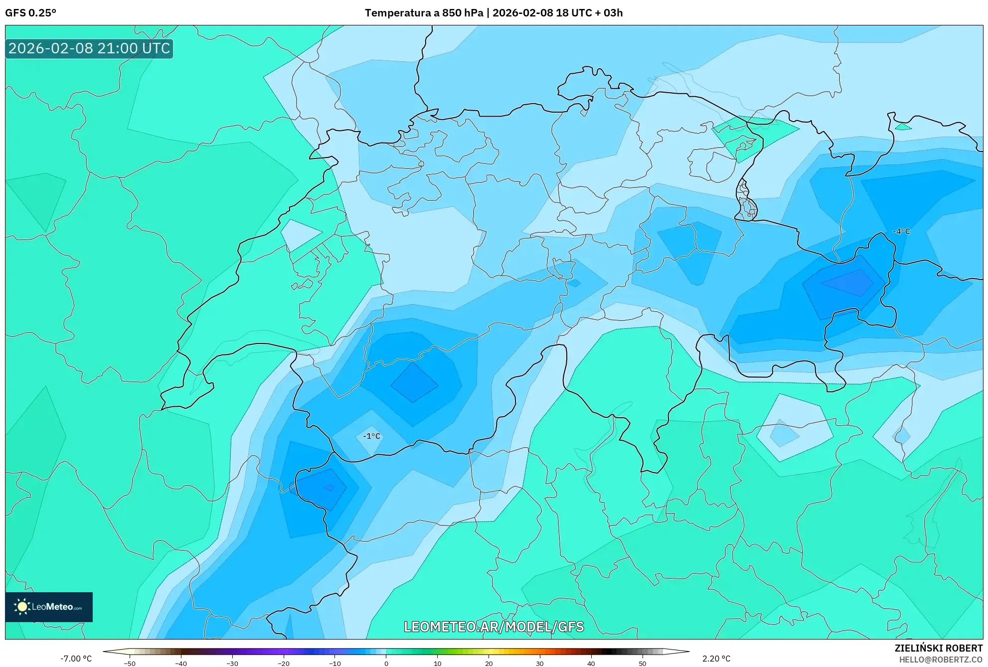 GFS model - Suiza, Temperatura a 850 hPa
