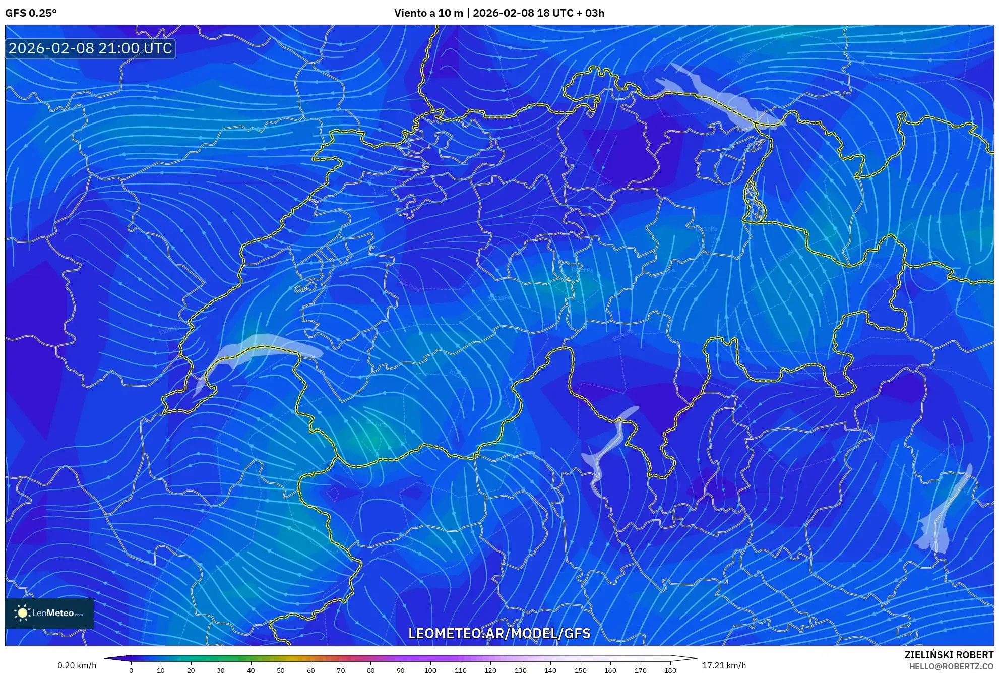GFS model - Suiza, Viento a 10 m