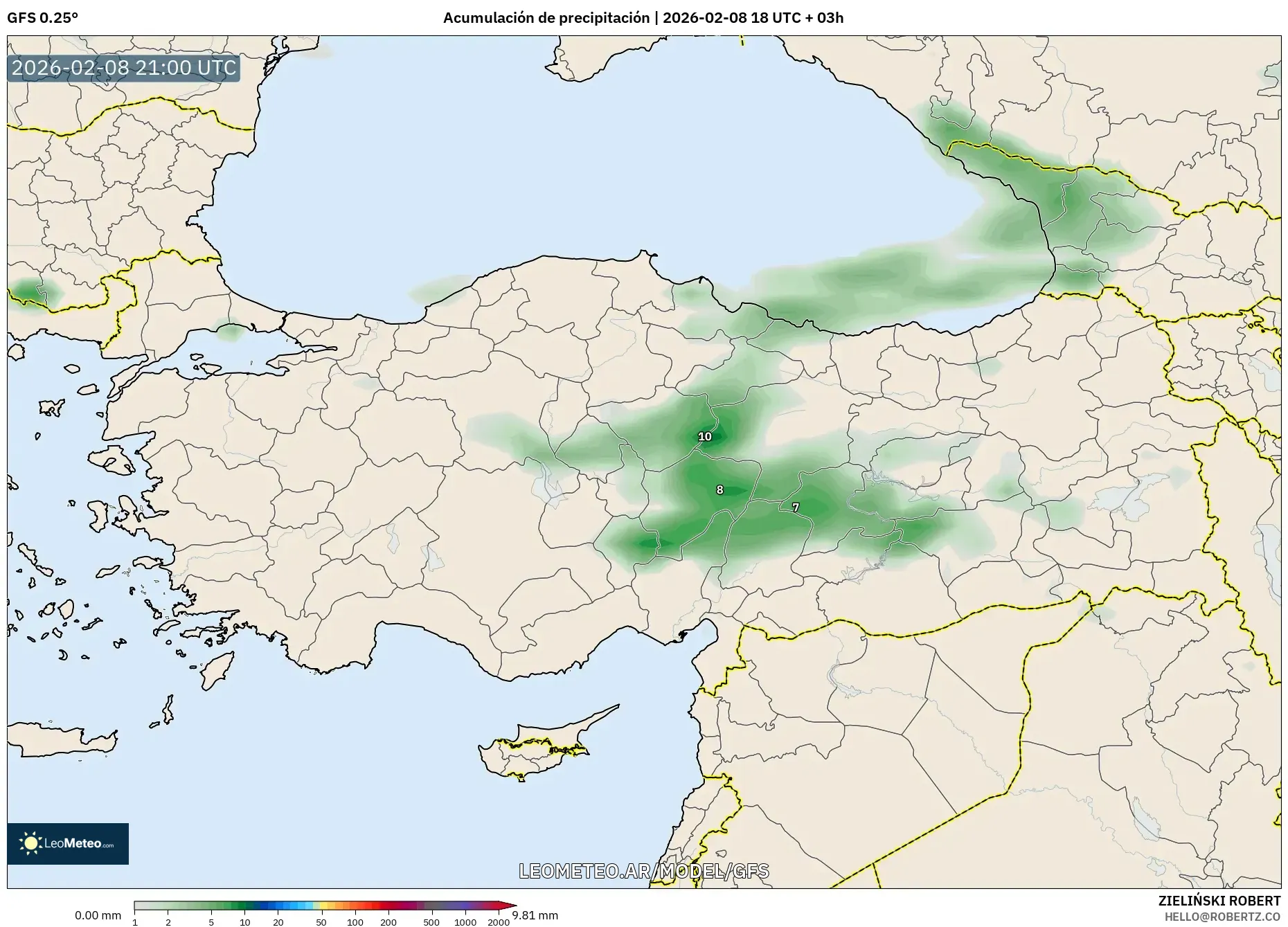 GFS model - Turquía, Acumulación de precipitación