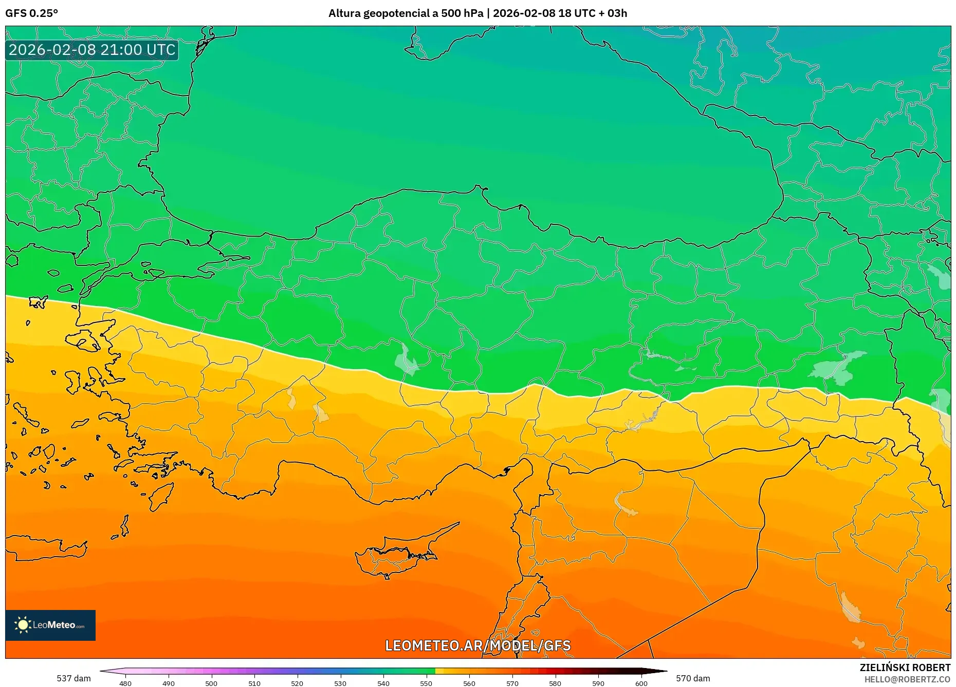 GFS model - Turquía, Altura geopotencial a 500 hPa