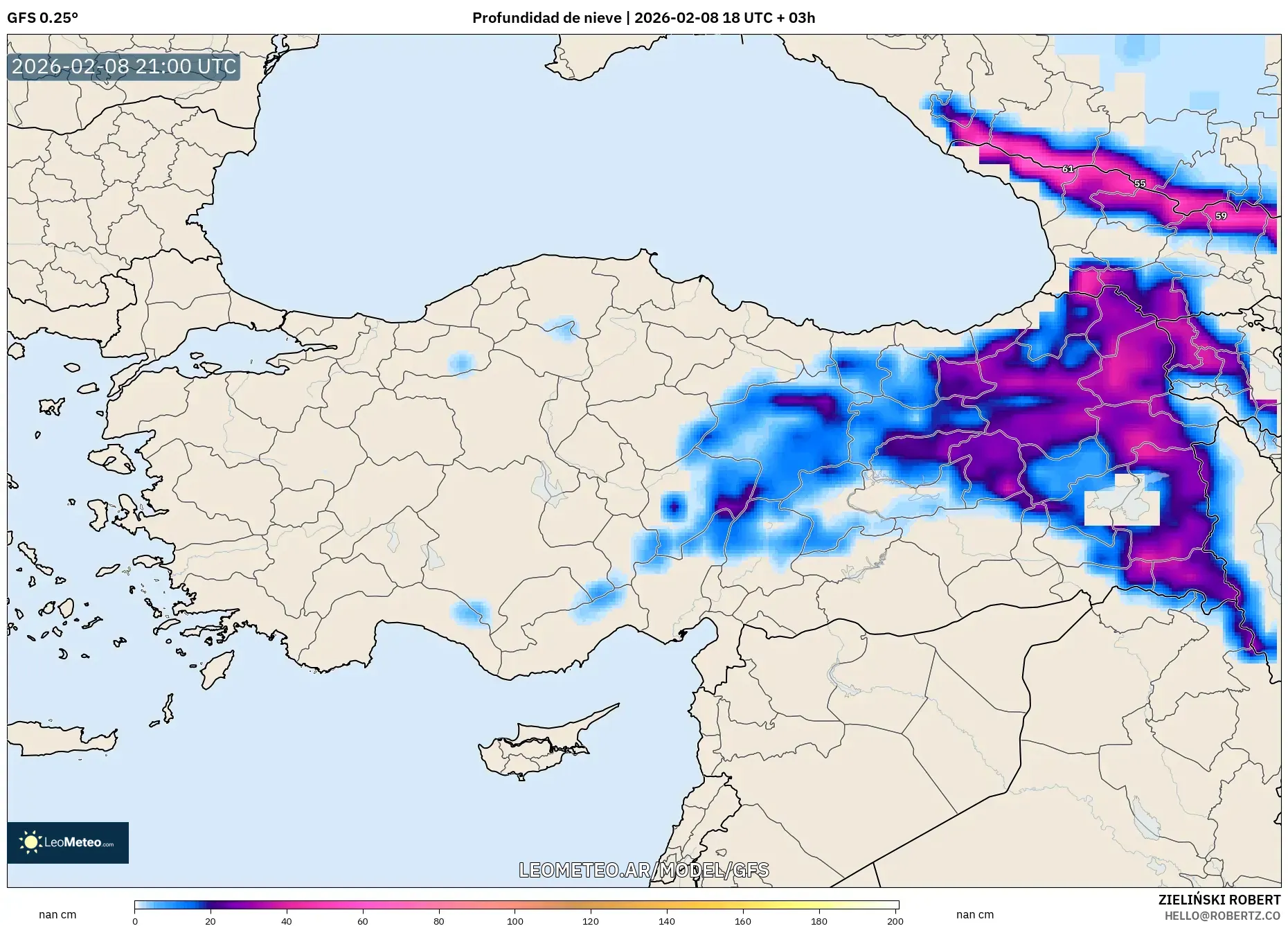 GFS model - Turquía, Profundidad de nieve