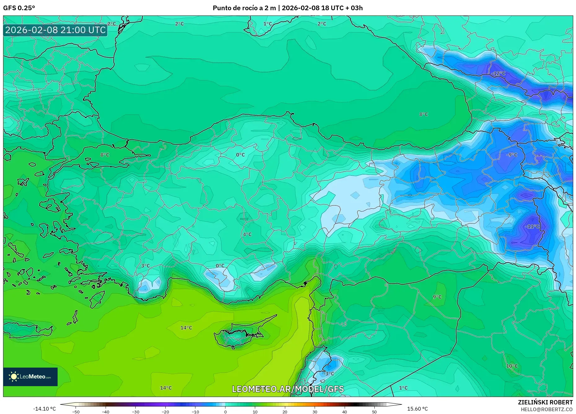 GFS model - Turquía, Punto de rocío a 2 m