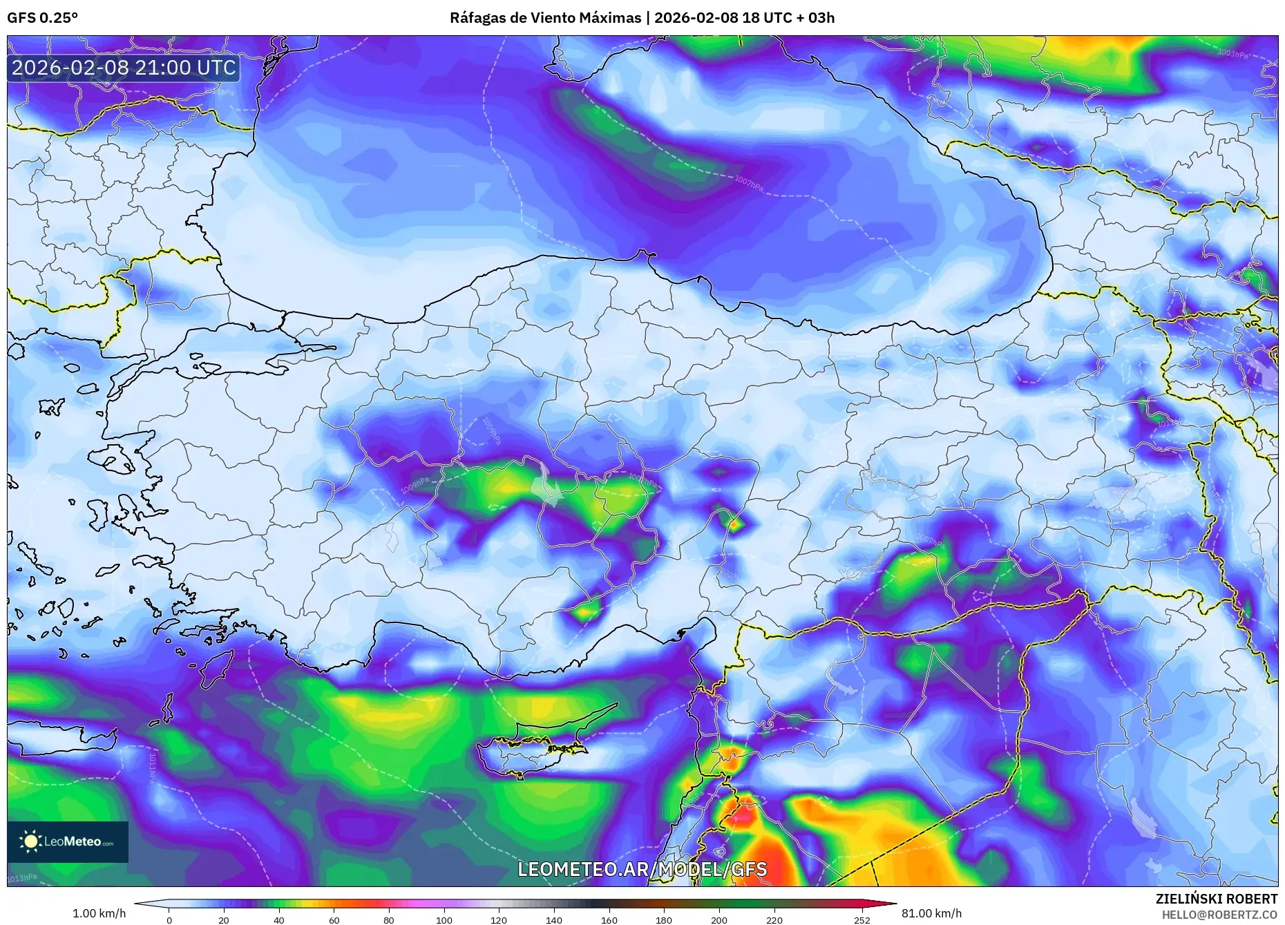 GFS model - Turquía, Ráfagas de Viento Máximas