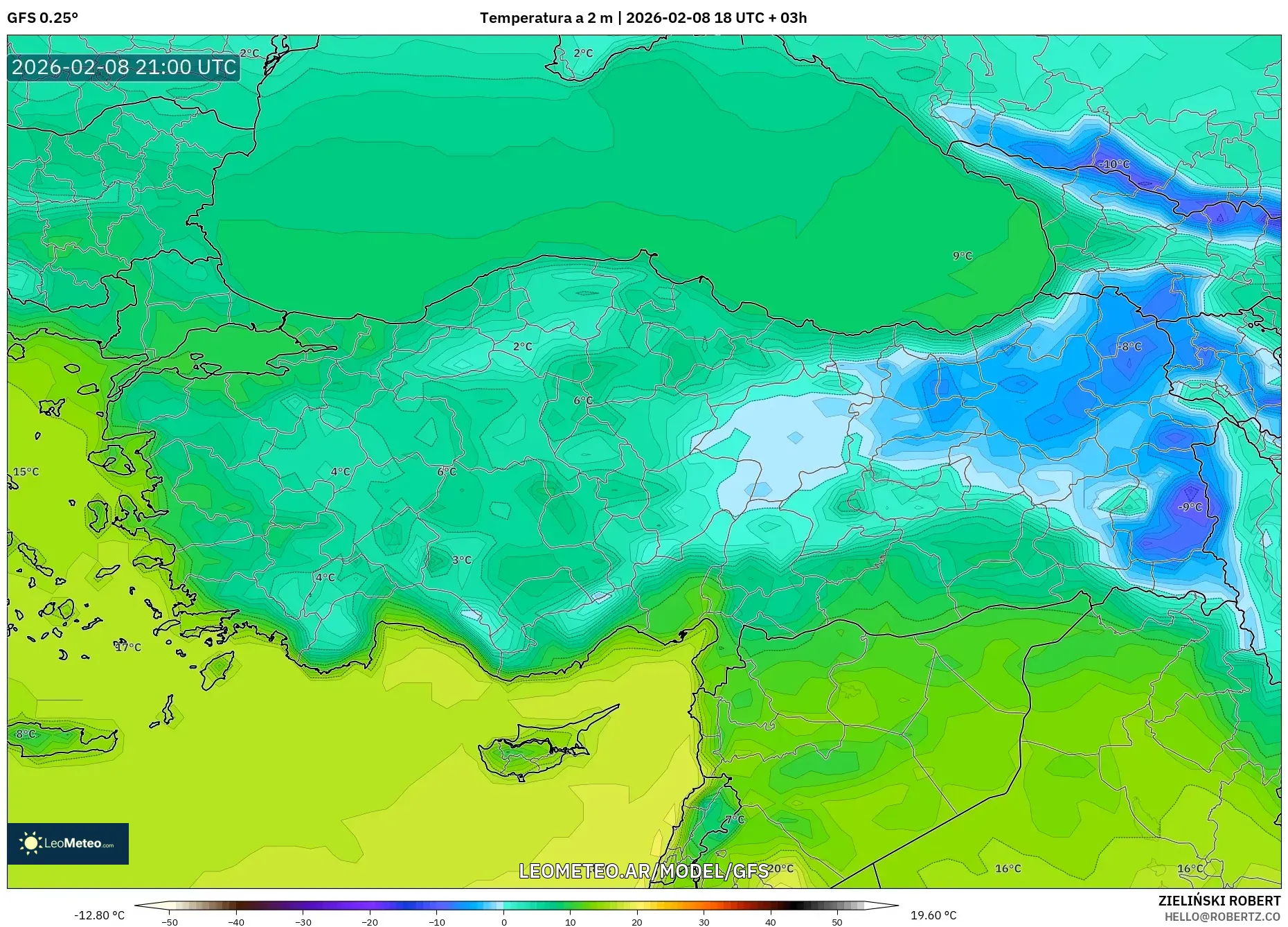 GFS model - Turquía, Temperatura a 2 m