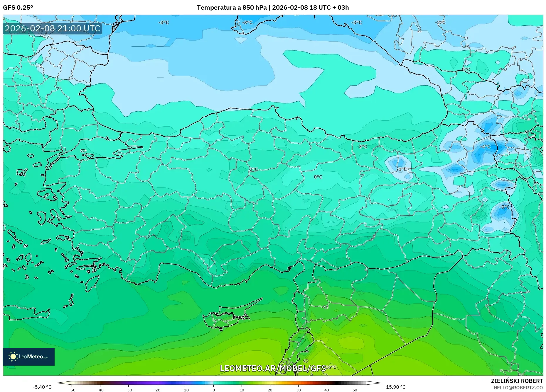 GFS model - Turquía, Temperatura a 850 hPa