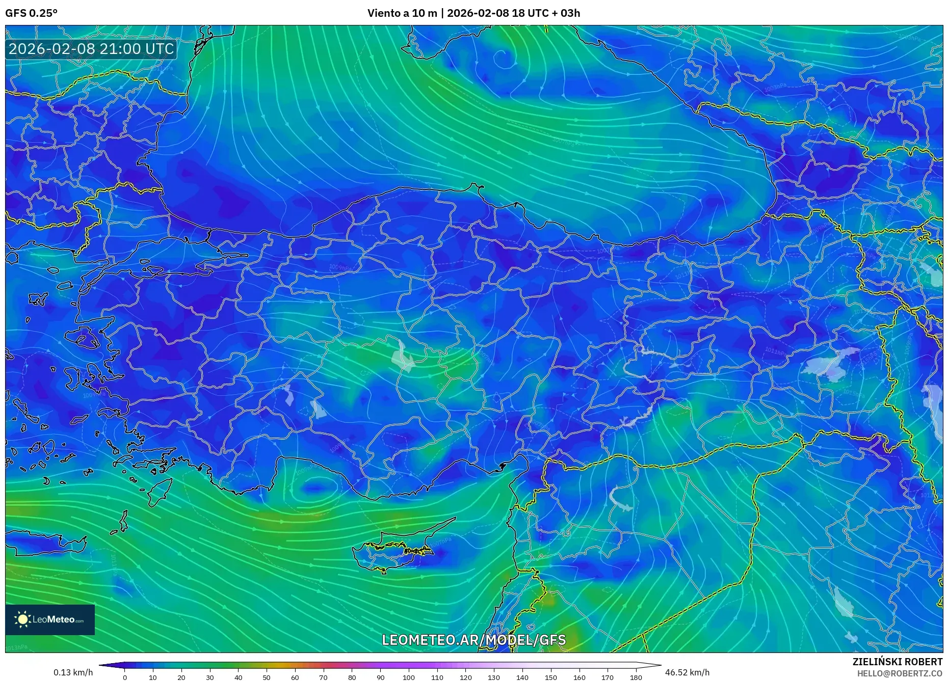GFS model - Turquía, Viento a 10 m