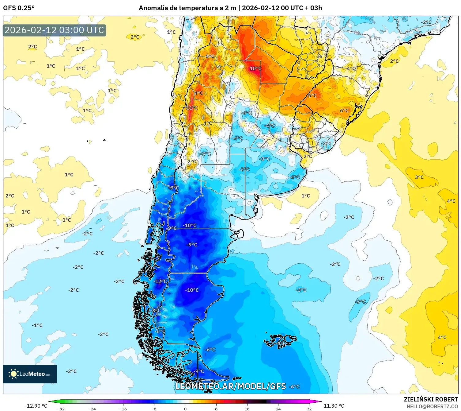 GFS model - Argentina, Anomalía de temperatura a 2 m