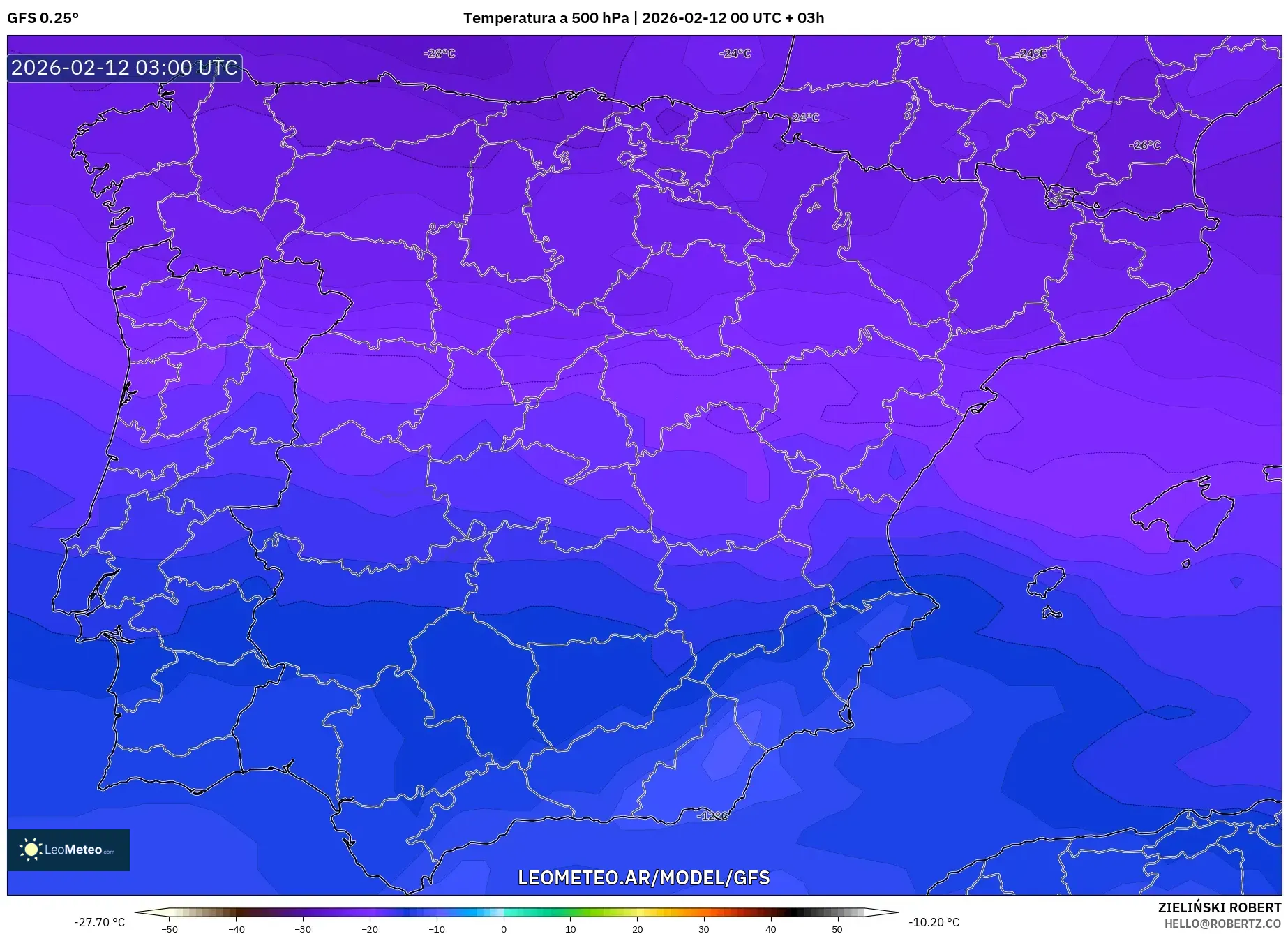 GFS model - España, Temperatura a 500 hPa