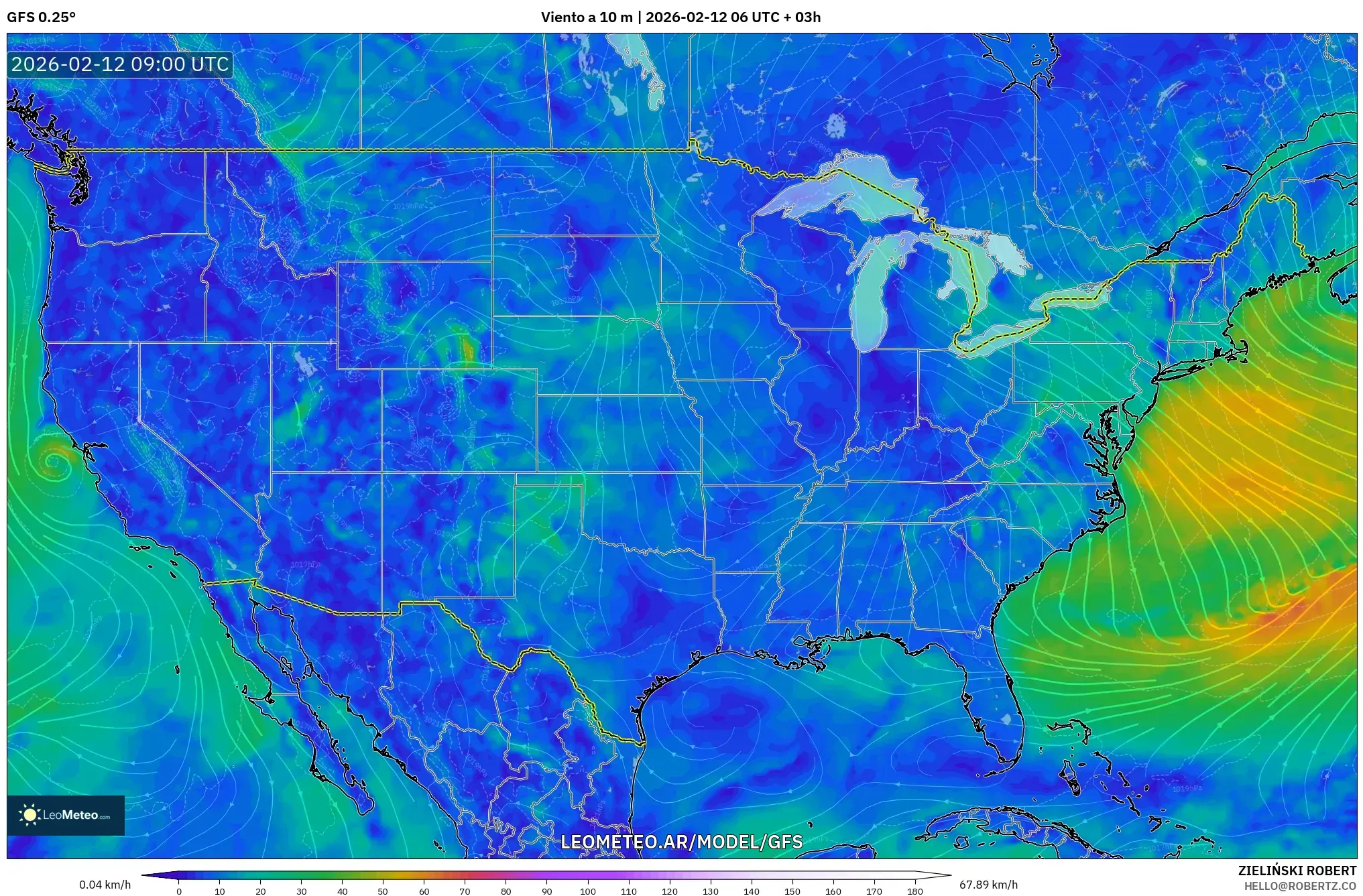 GFS model - Estados Unidos, Viento a 10 m