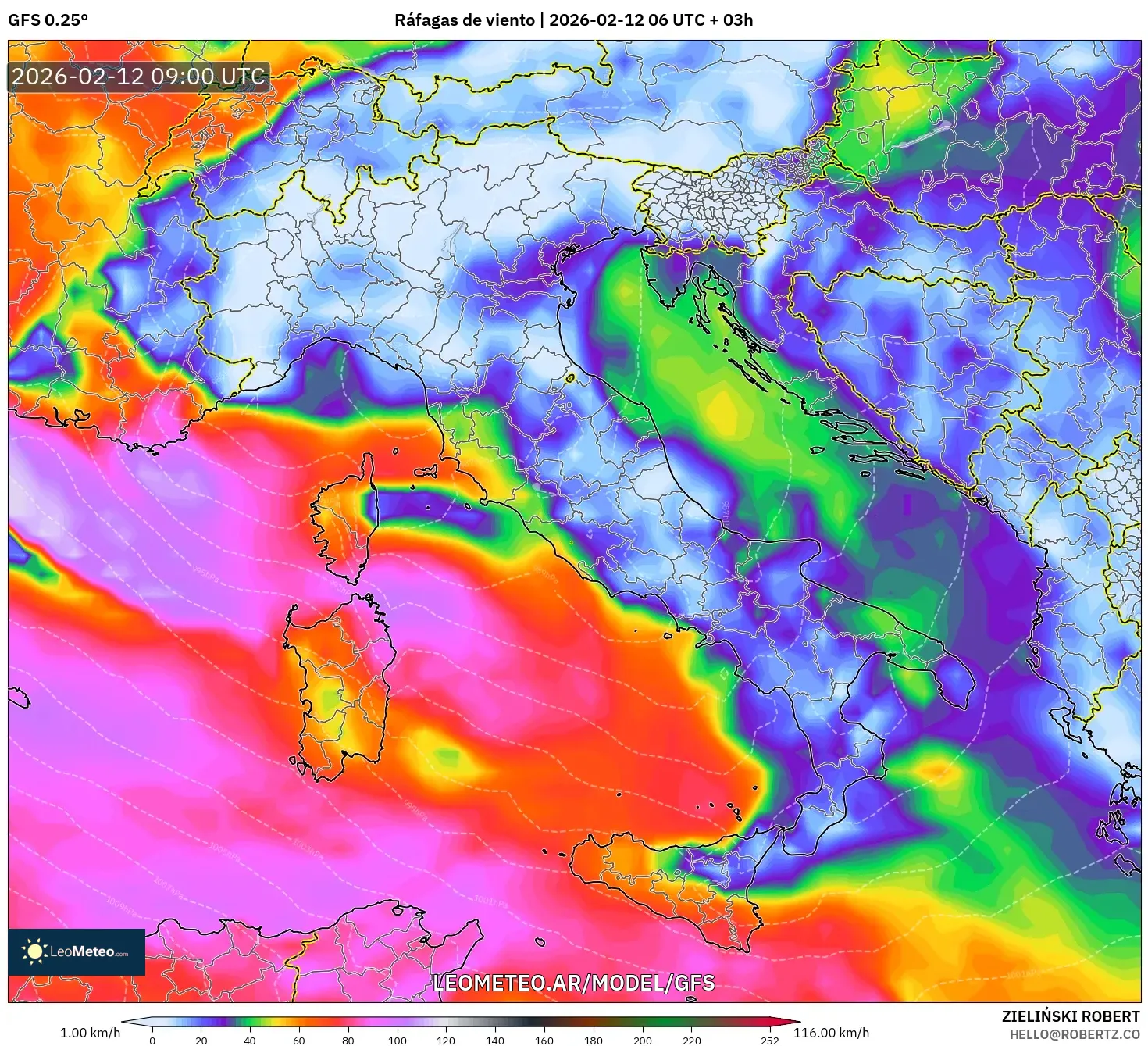 GFS model - Italia, Ráfagas de viento
