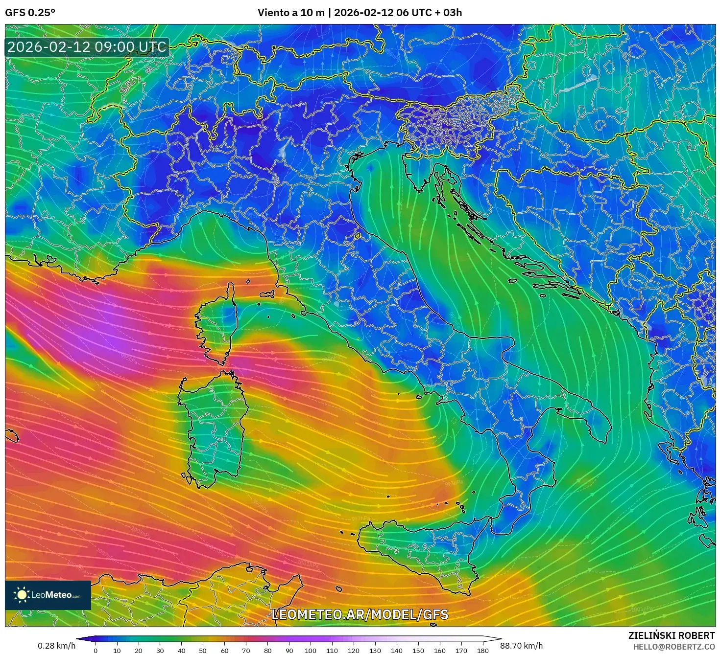 GFS model - Italia, Viento a 10 m