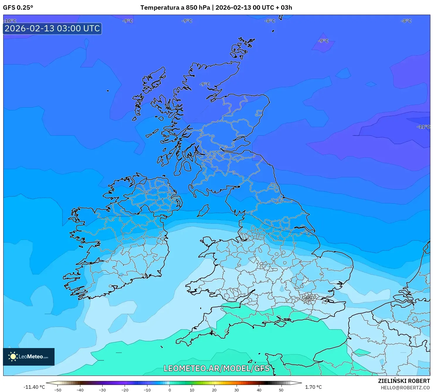 GFS model - Reino Unido, Temperatura a 850 hPa