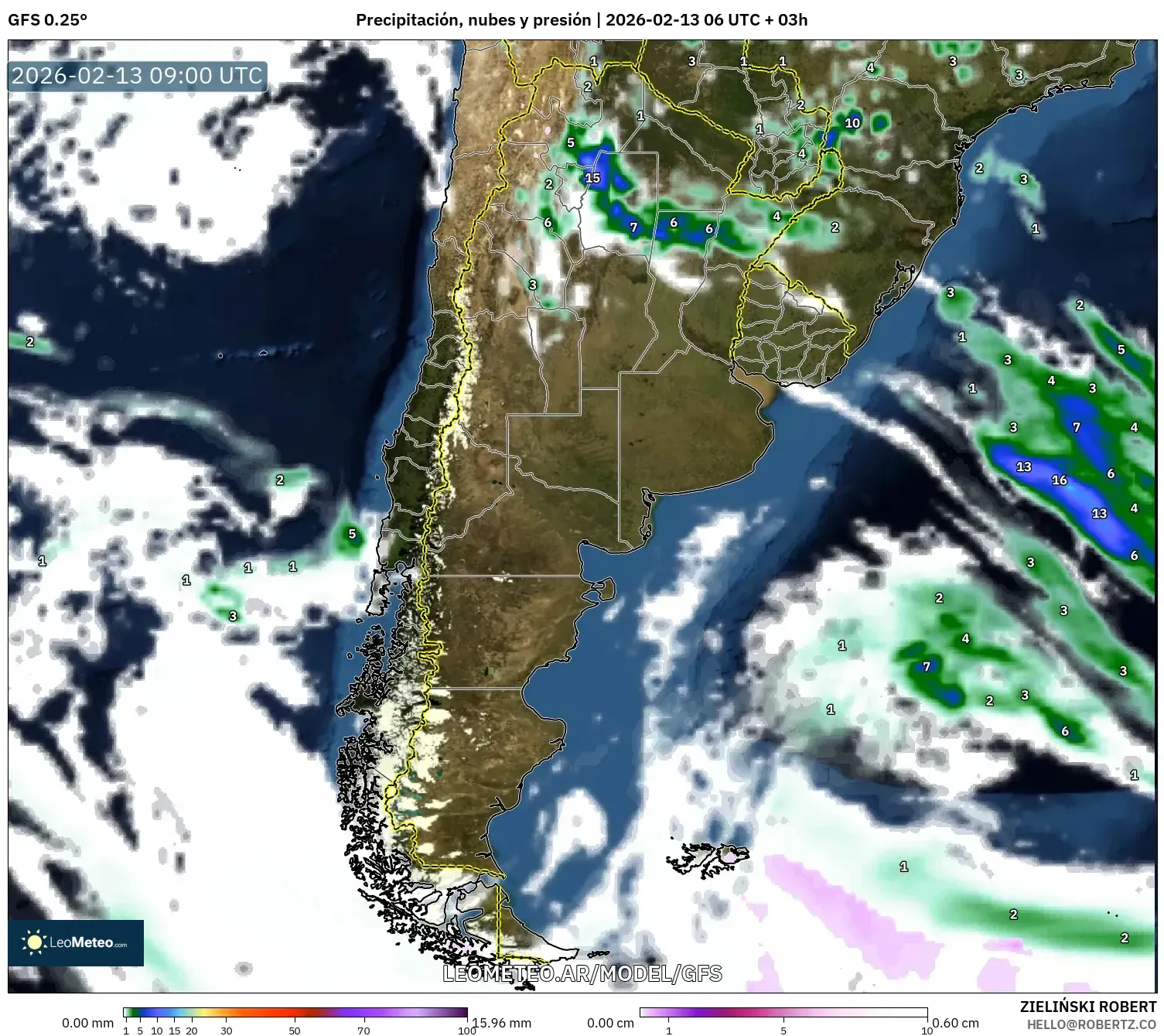 GFS model - Argentina, Precipitación, nubes y presión