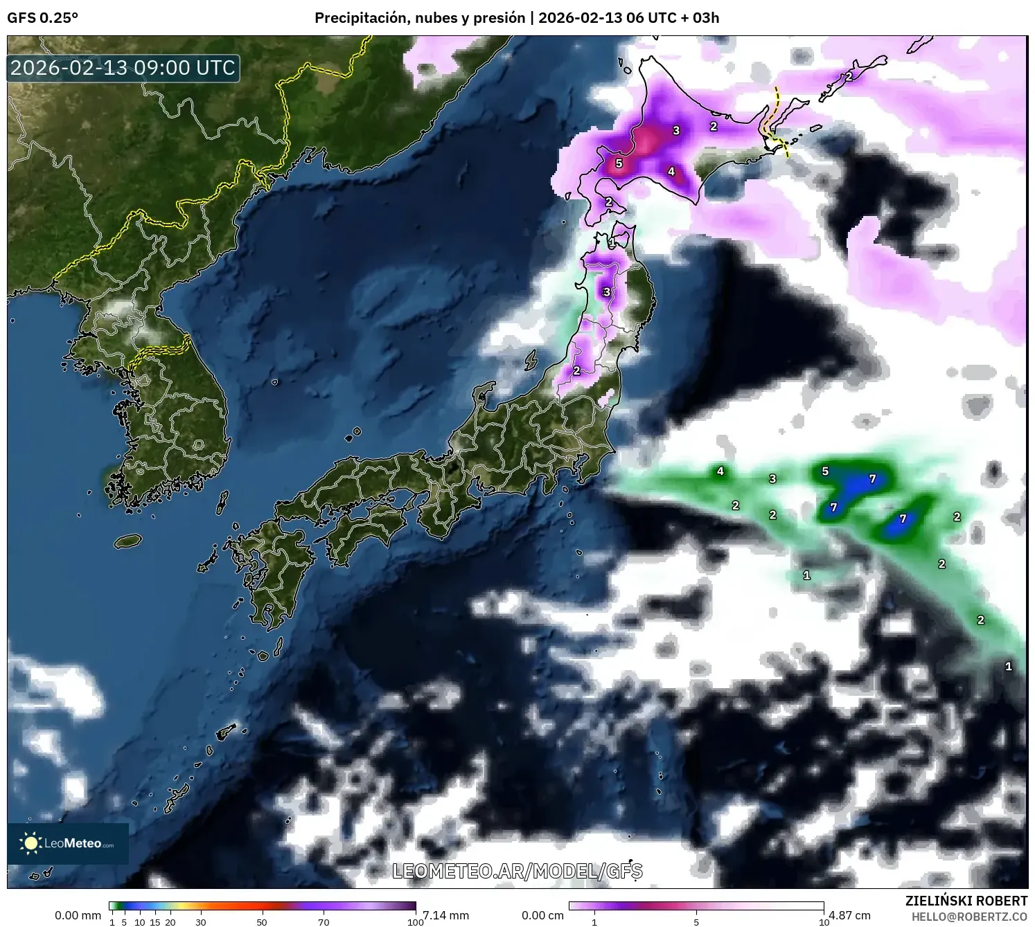 GFS model - Japón, Precipitación, nubes y presión
